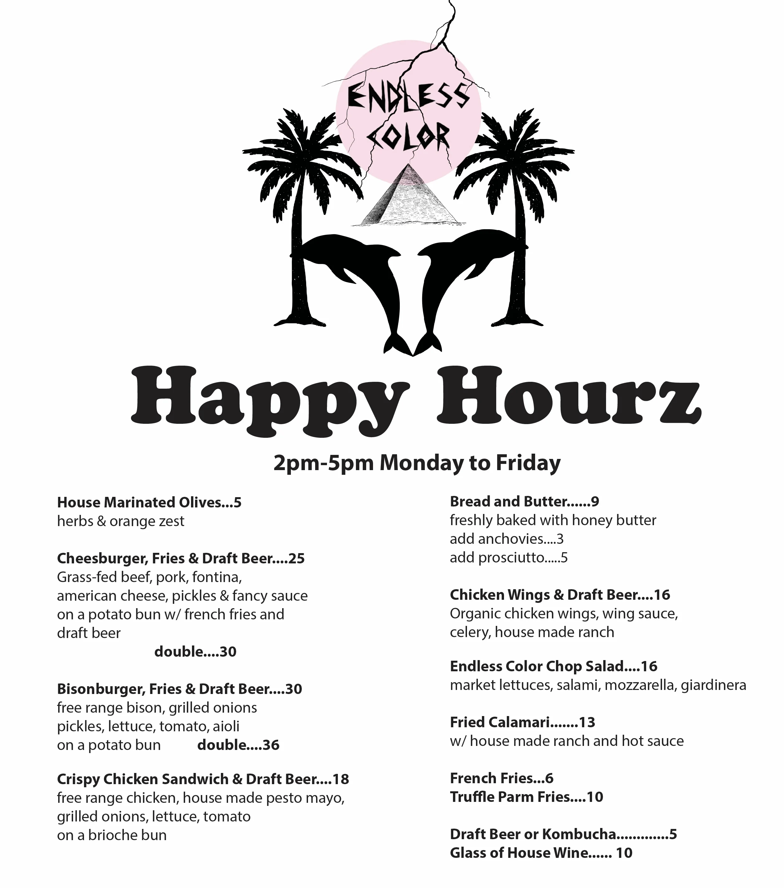 Happy hour menu featuring burgers, wings, and salads at a vibrant restaurant