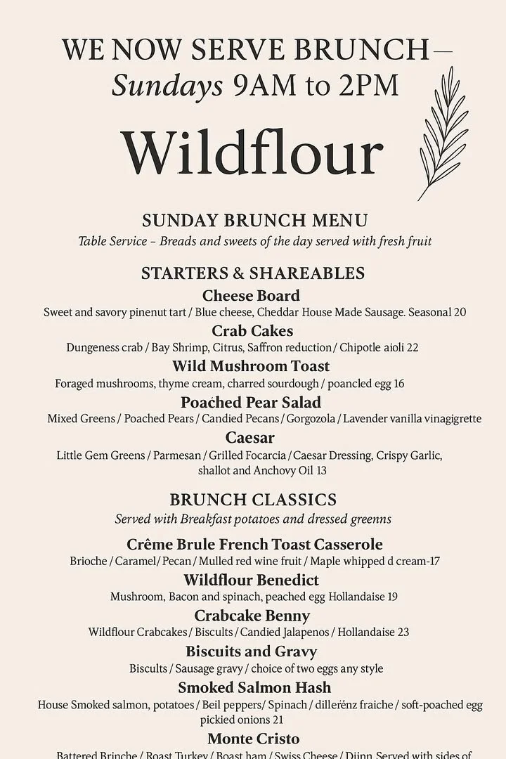 A brunch menu displayed on a light-colored background, featuring a variety of starters and shareable dishes.