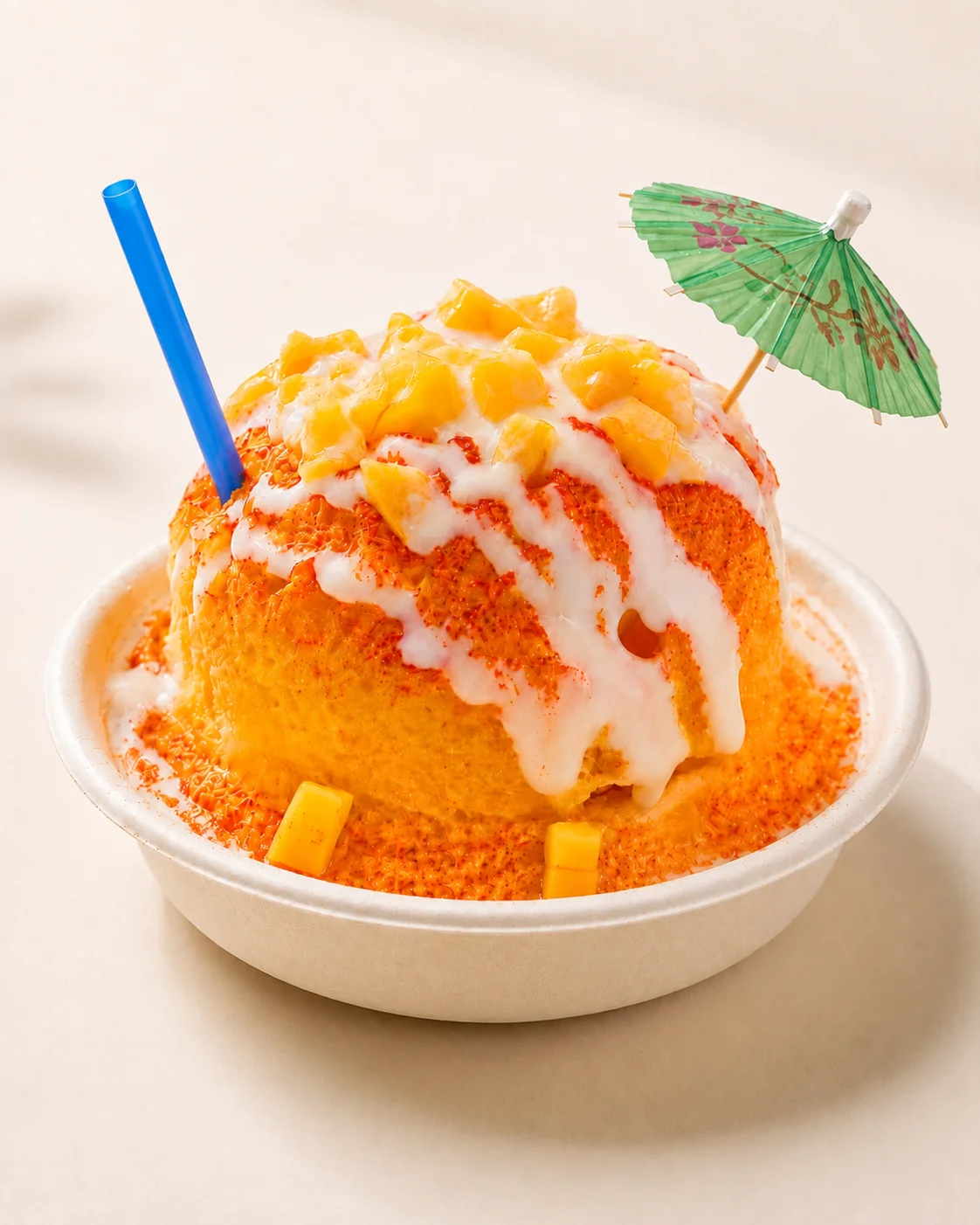 A vibrant bowl of shaved ice featuring a mix of tropical flavors, topped with mango chunks and drizzled with coconut cream. A decorative umbrella and a straw are present.