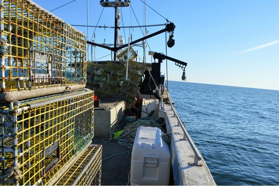A boat deck filled with lobster traps and fishing gear, with a clear view of the ocean.