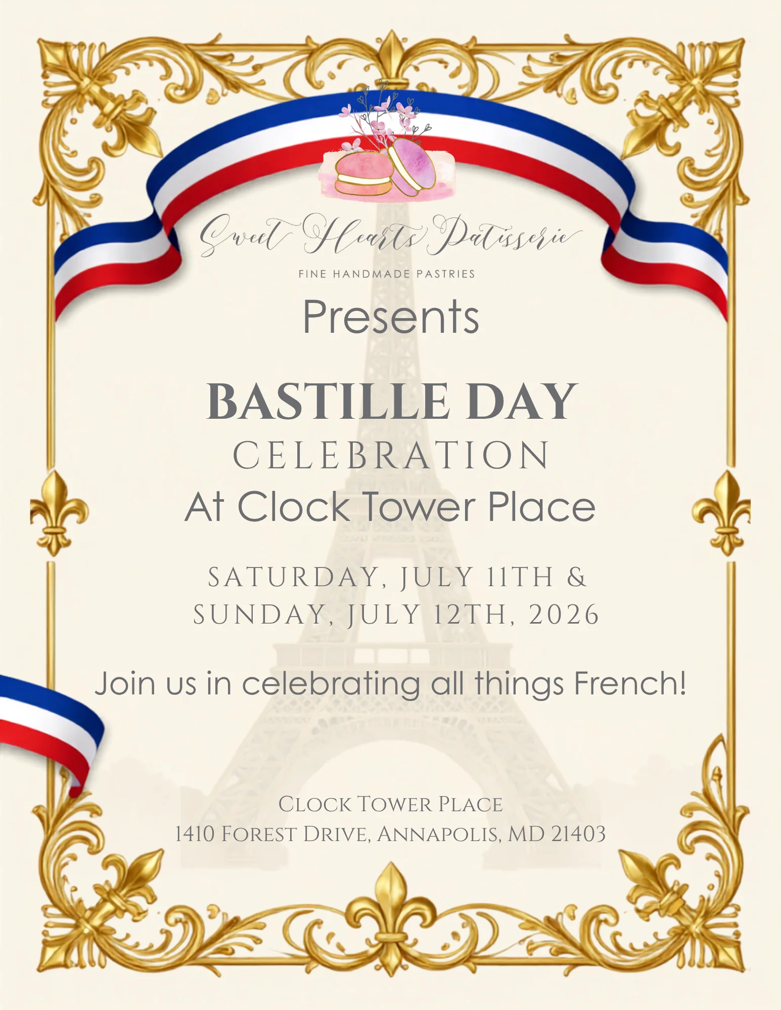 Bastille Day celebration poster featuring French pastries and Eiffel Tower