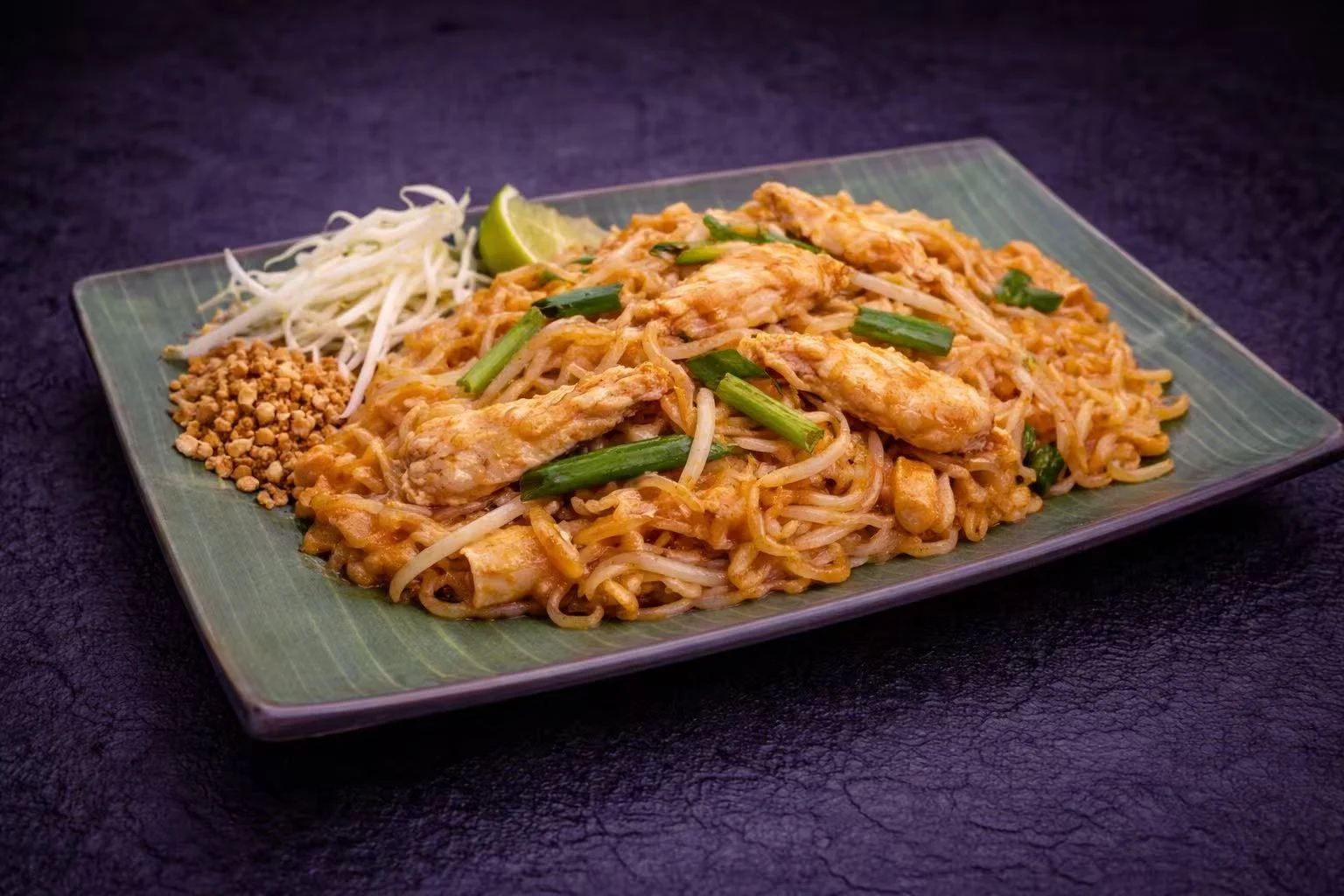 Plate of Thai pad thai with shrimp and lime