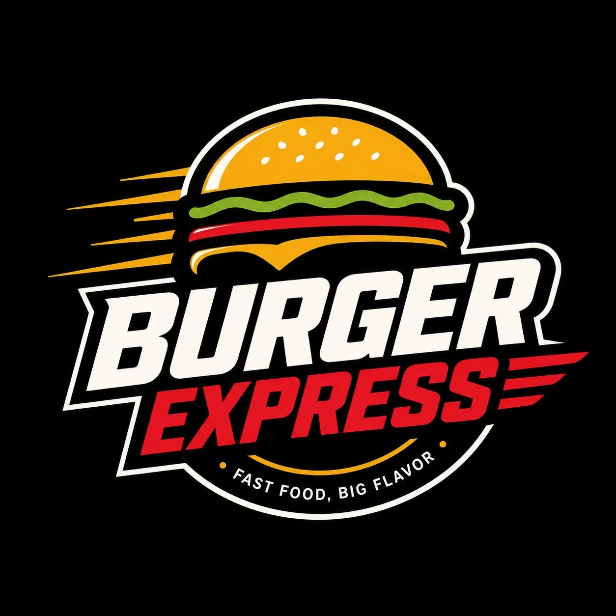 A logo design featuring a stylized hamburger with the text 'Burger Express.' The design includes vibrant colors representing fast food.
