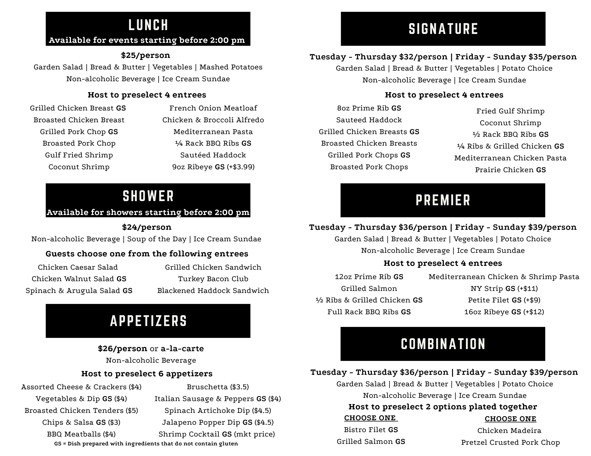 Catering menu featuring diverse lunch and dinner options