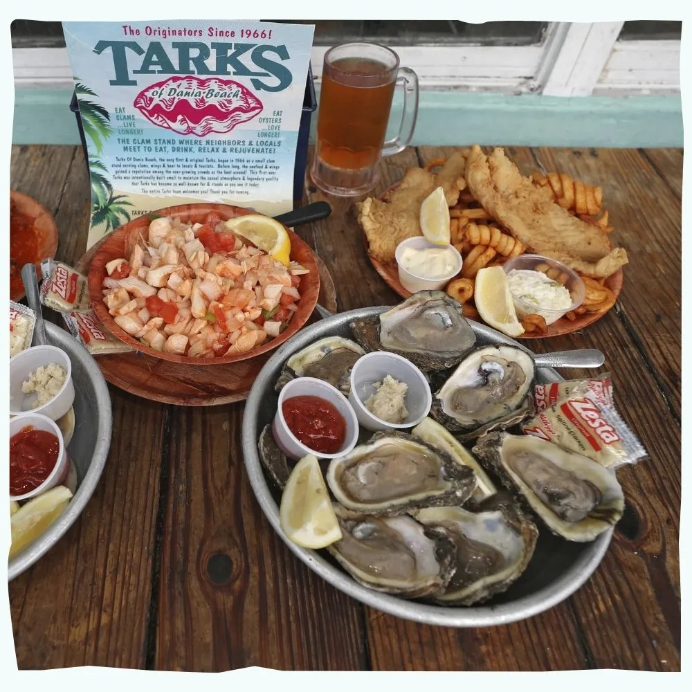Fresh oysters, fried fish, conch salad, and seafood platters served at Tarks of Dania in Dania Beach, Florida