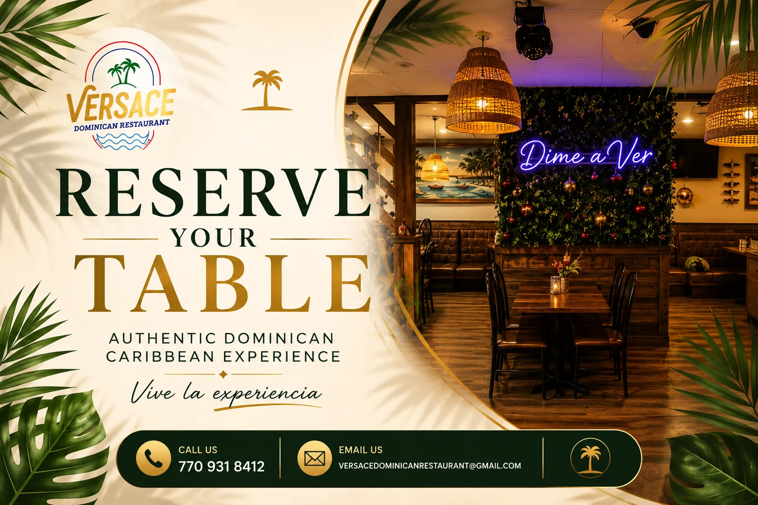 Versace Dominican Restaurant table reservation advertisement with tropical decor.