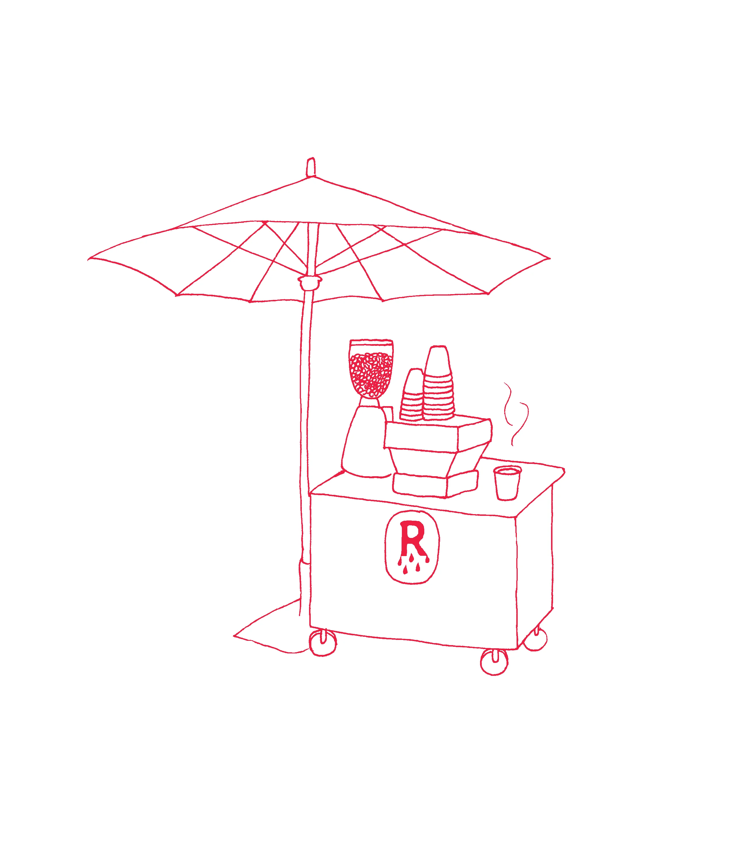 Colorful street food cart with umbrella and blender