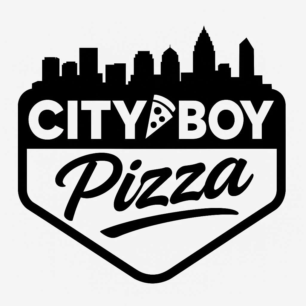 A logo featuring the text 'CITY BOY Pizza' with a silhouette of a city skyline above it. The design emphasizes a modern and urban aesthetic.