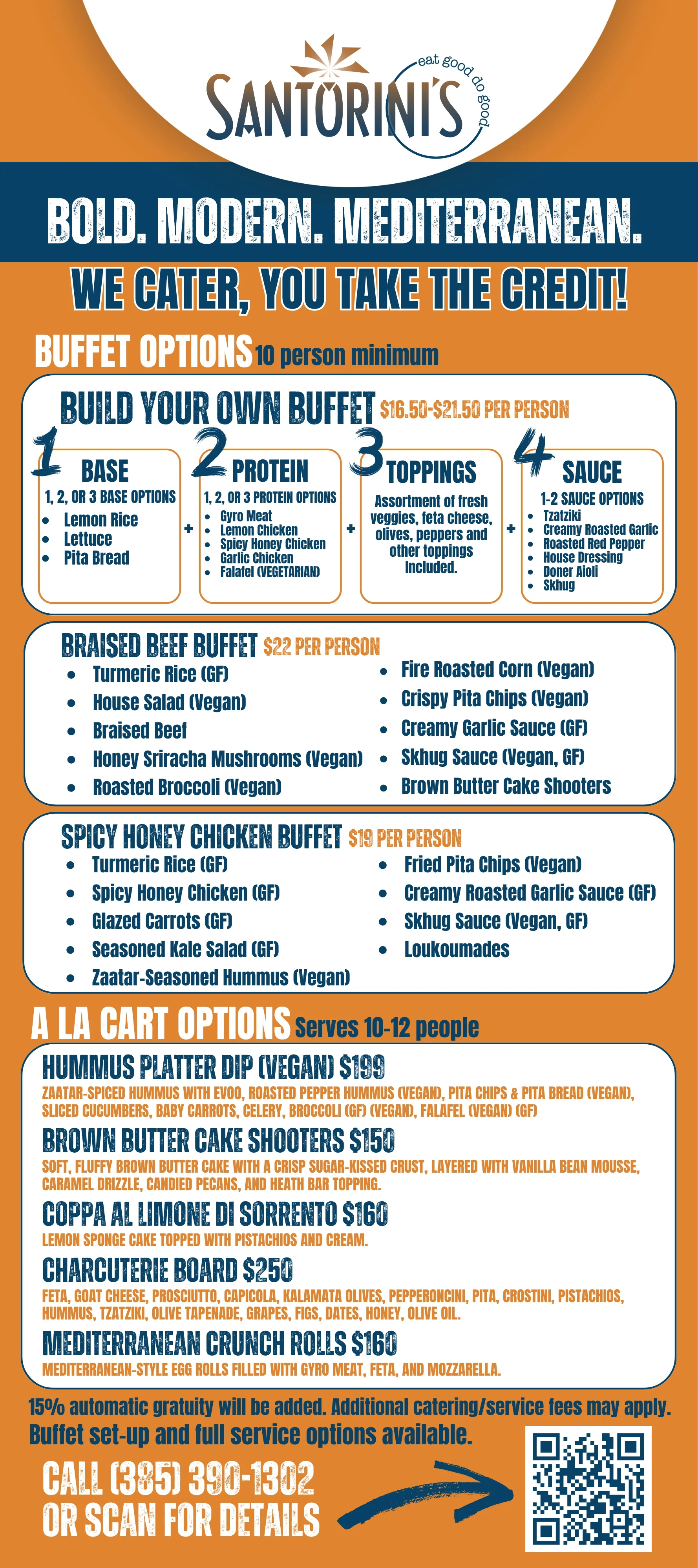 Santorini's Greek Grill catering menu. Mediterranean buffet options for corporate events and parties in Utah