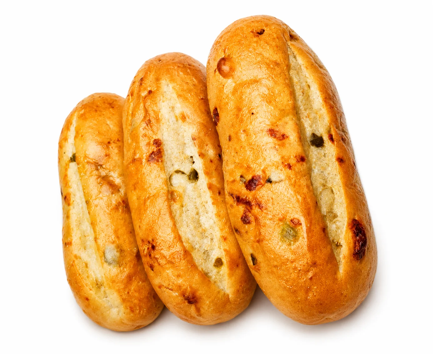 Three freshly baked bread rolls with a golden crust.