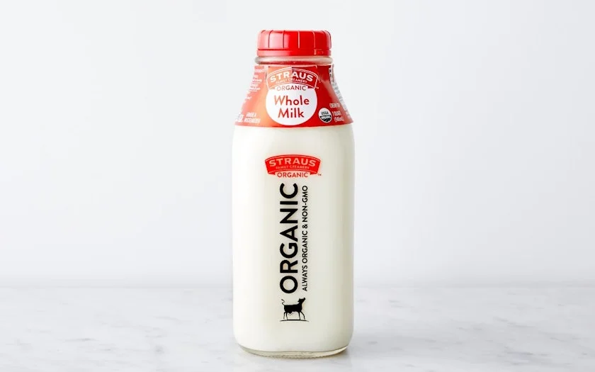 Bottle of organic whole milk from Straus