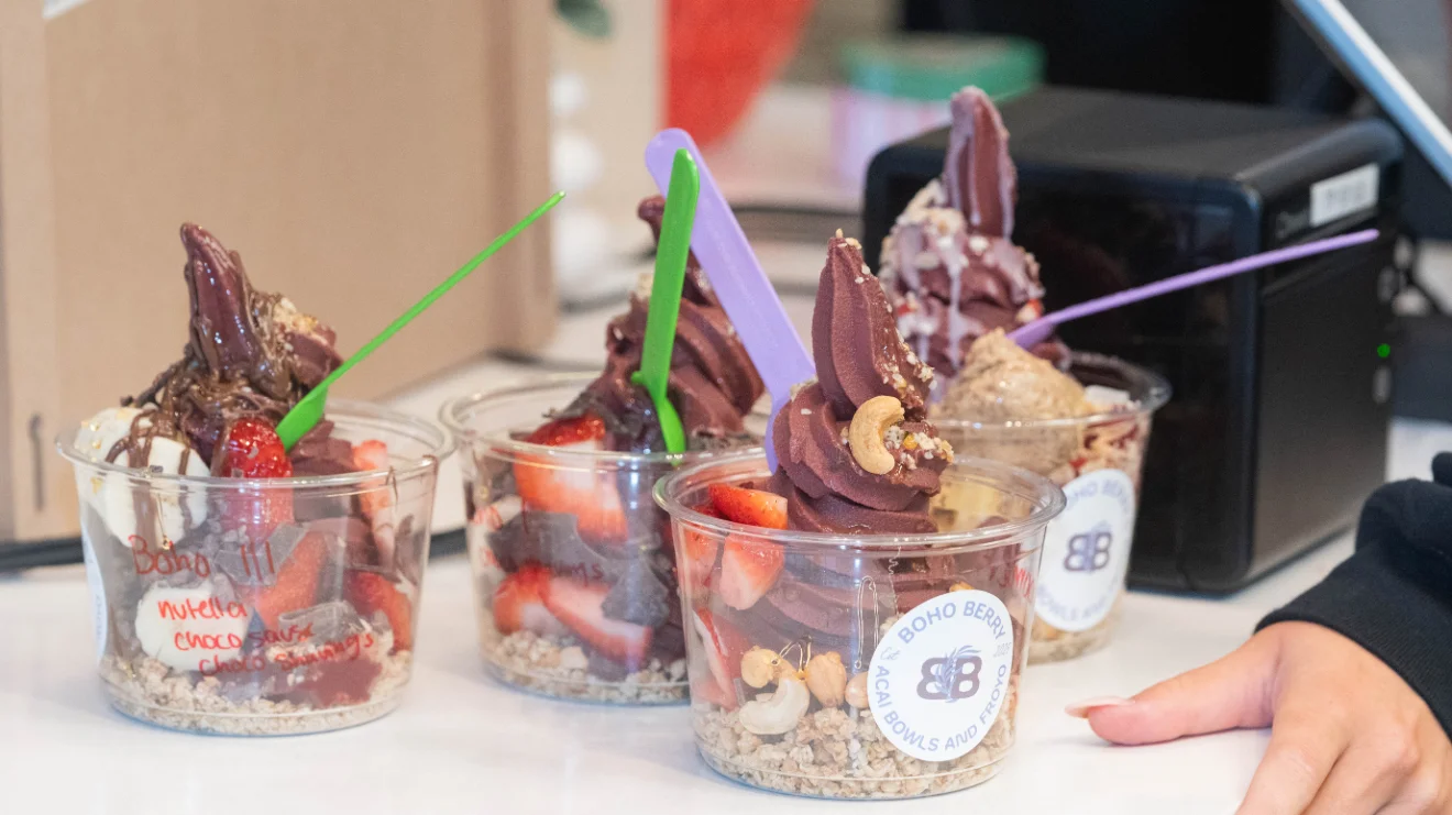 Delicious acai bowls topped with fresh fruit and granola