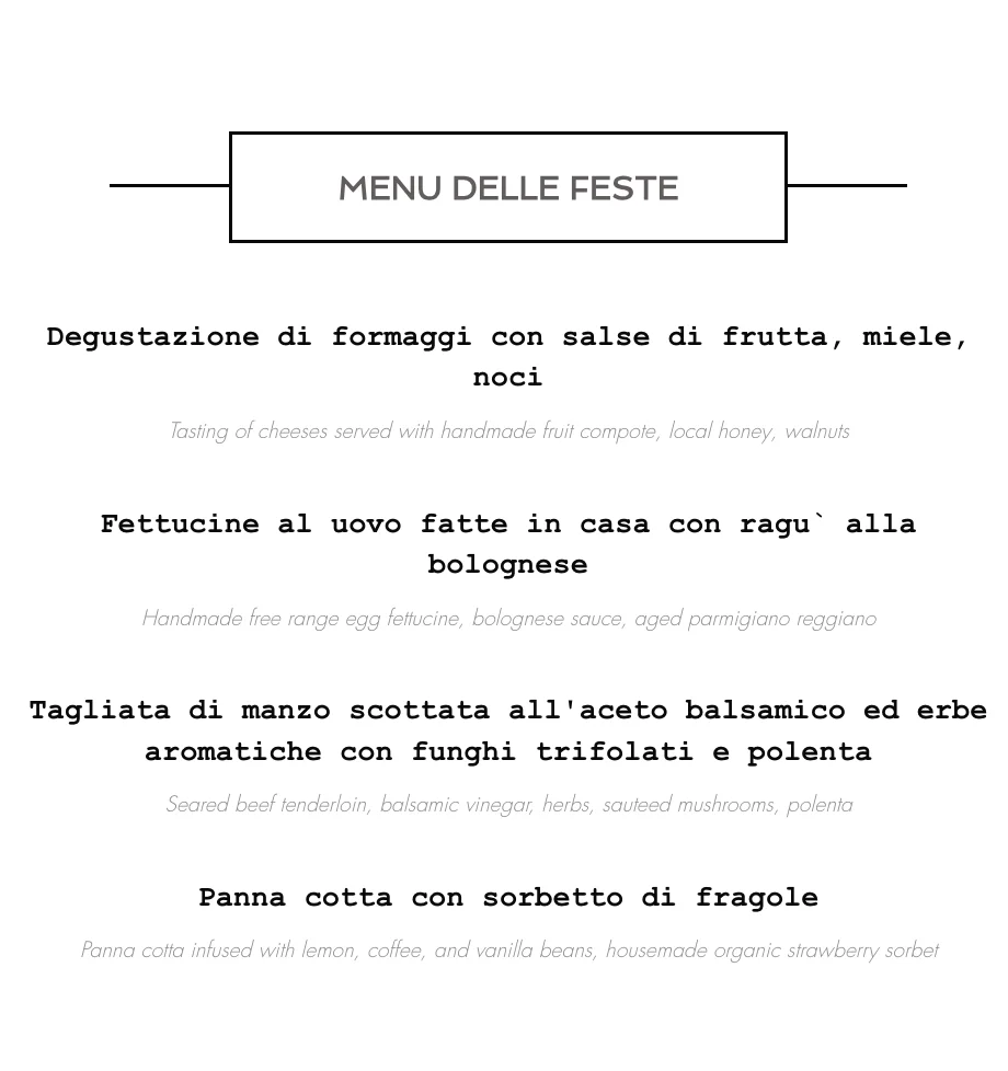 Italian festive menu featuring traditional dishes