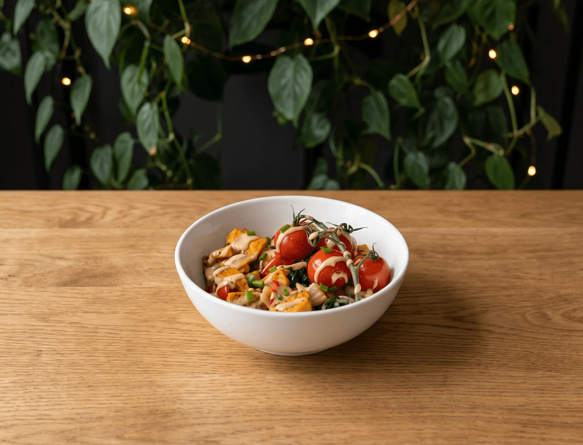 Colorful Mediterranean grain bowl with roasted vegetables