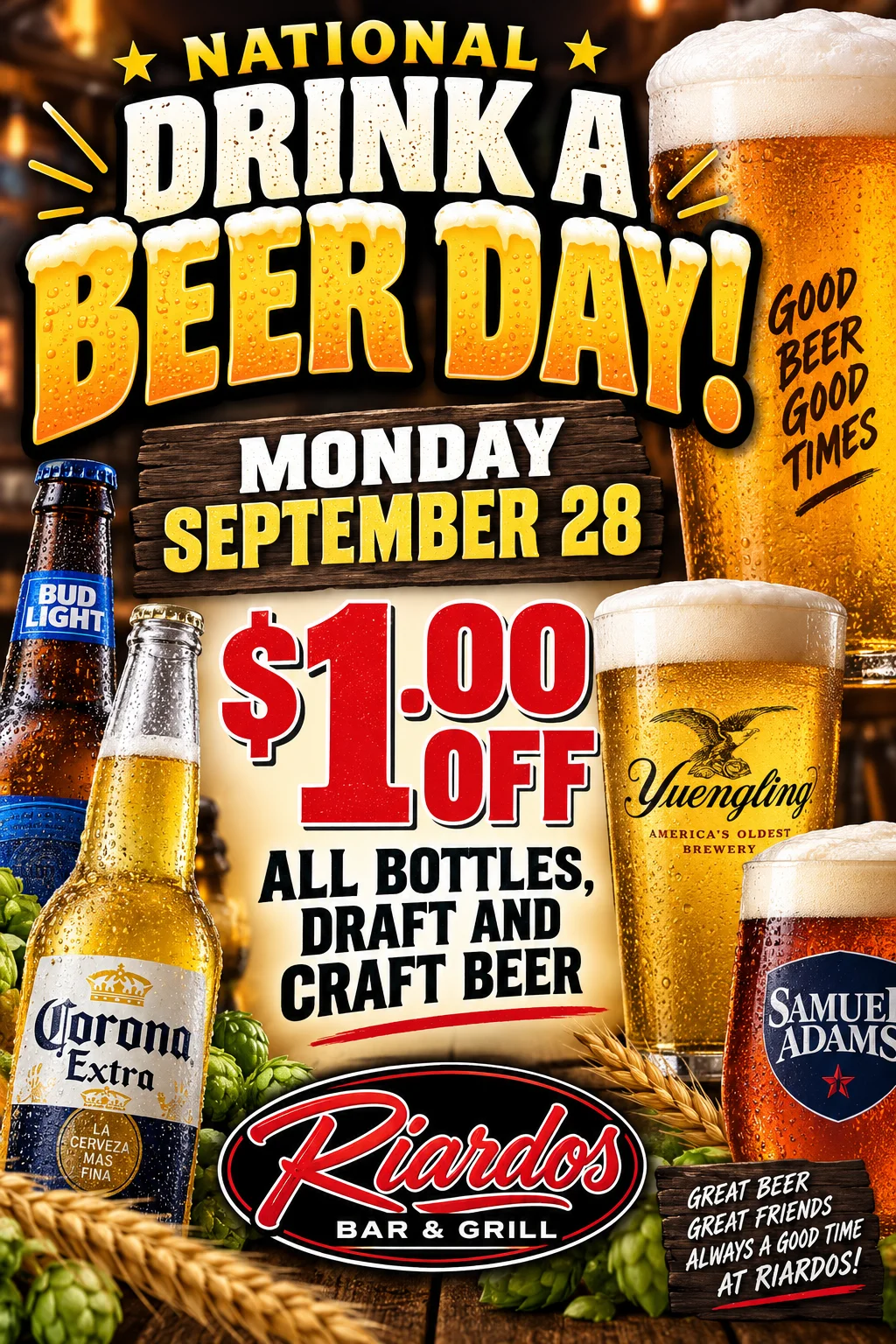 Promotional poster for National Drink a Beer Day at a bar