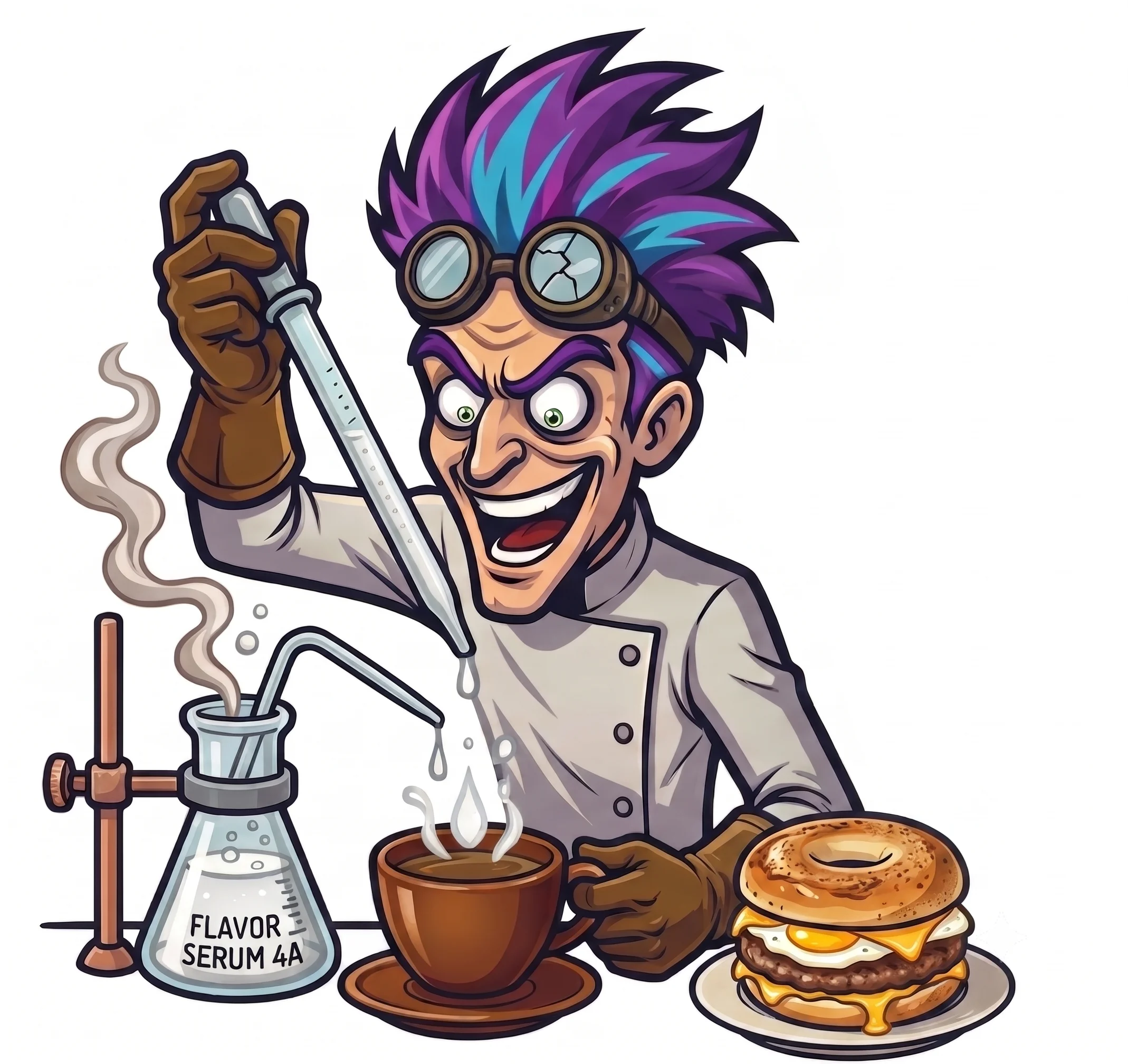 Whimsical chef mixing flavors with a burger and coffee