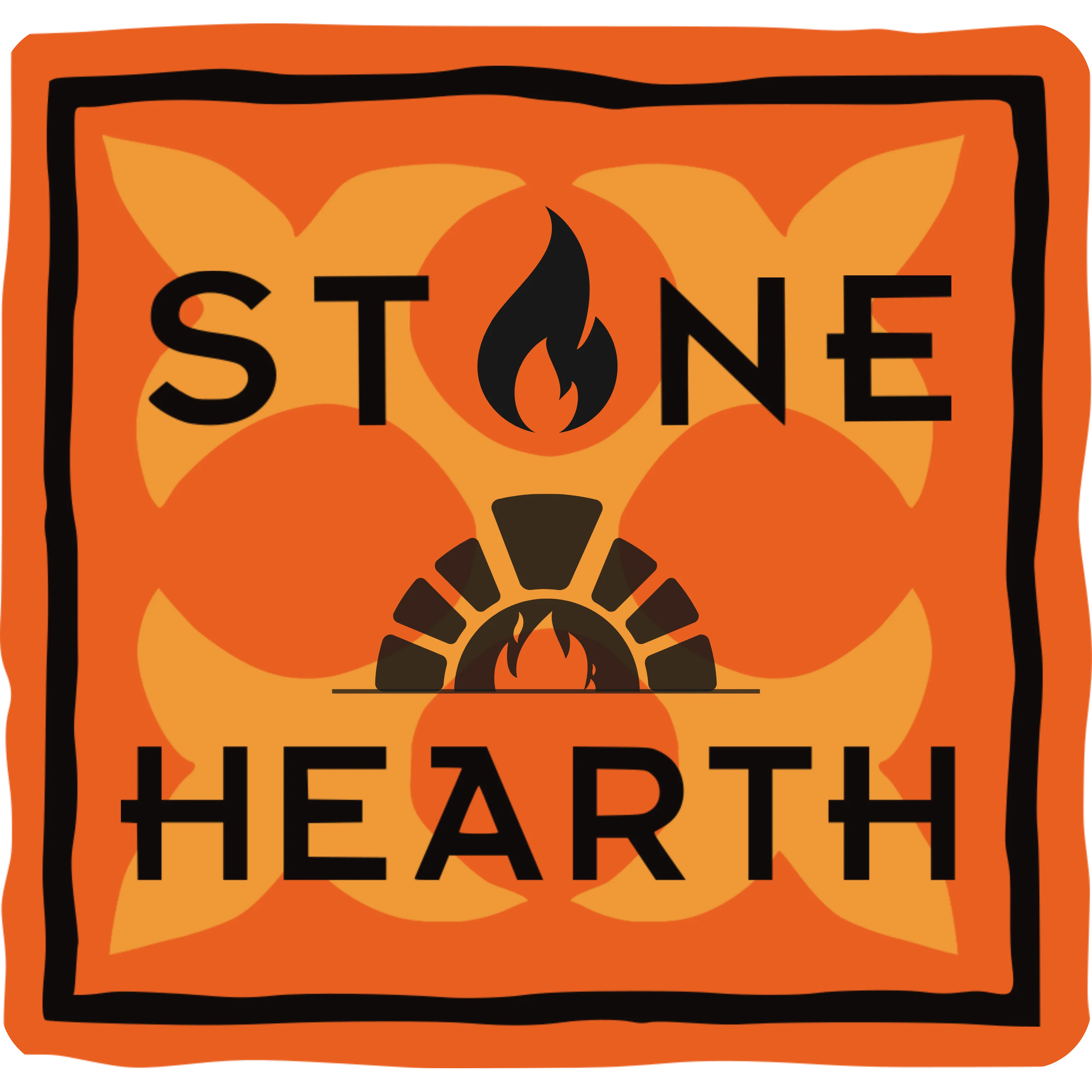 Logo of Stone Hearth restaurant featuring a flame and stone oven design