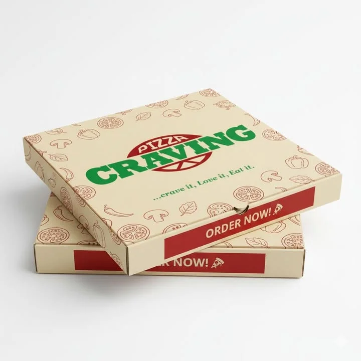 A pizza delivery box with a playful design featuring vegetables and the words 'CRAVING' and 'ORDER NOW!'