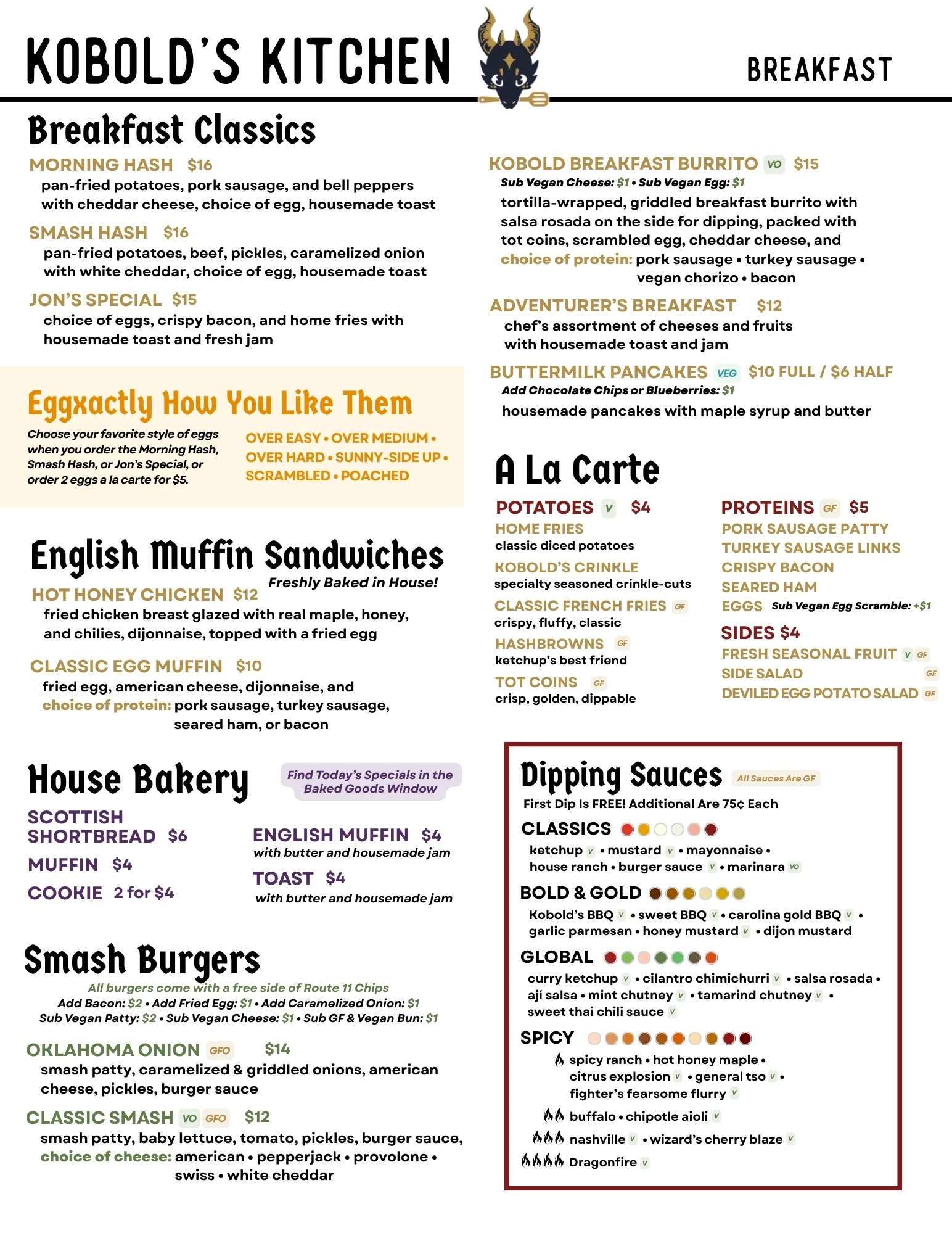 Breakfast menu featuring classic American dishes