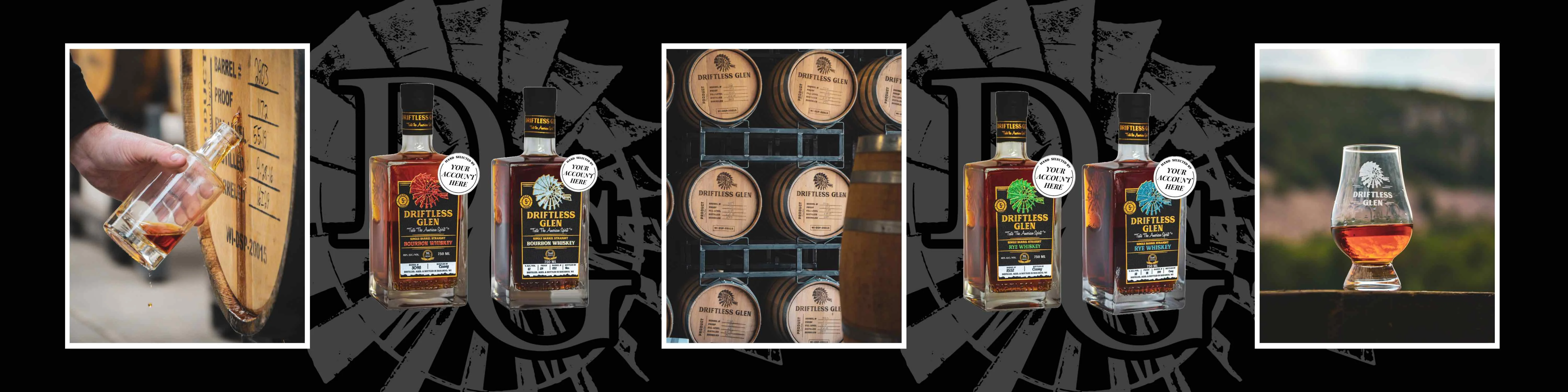 A series of images shows barrel samples being pulled, barrels in the rackhouse, and a glass of whiskey next to bottles with customizable circle stickers