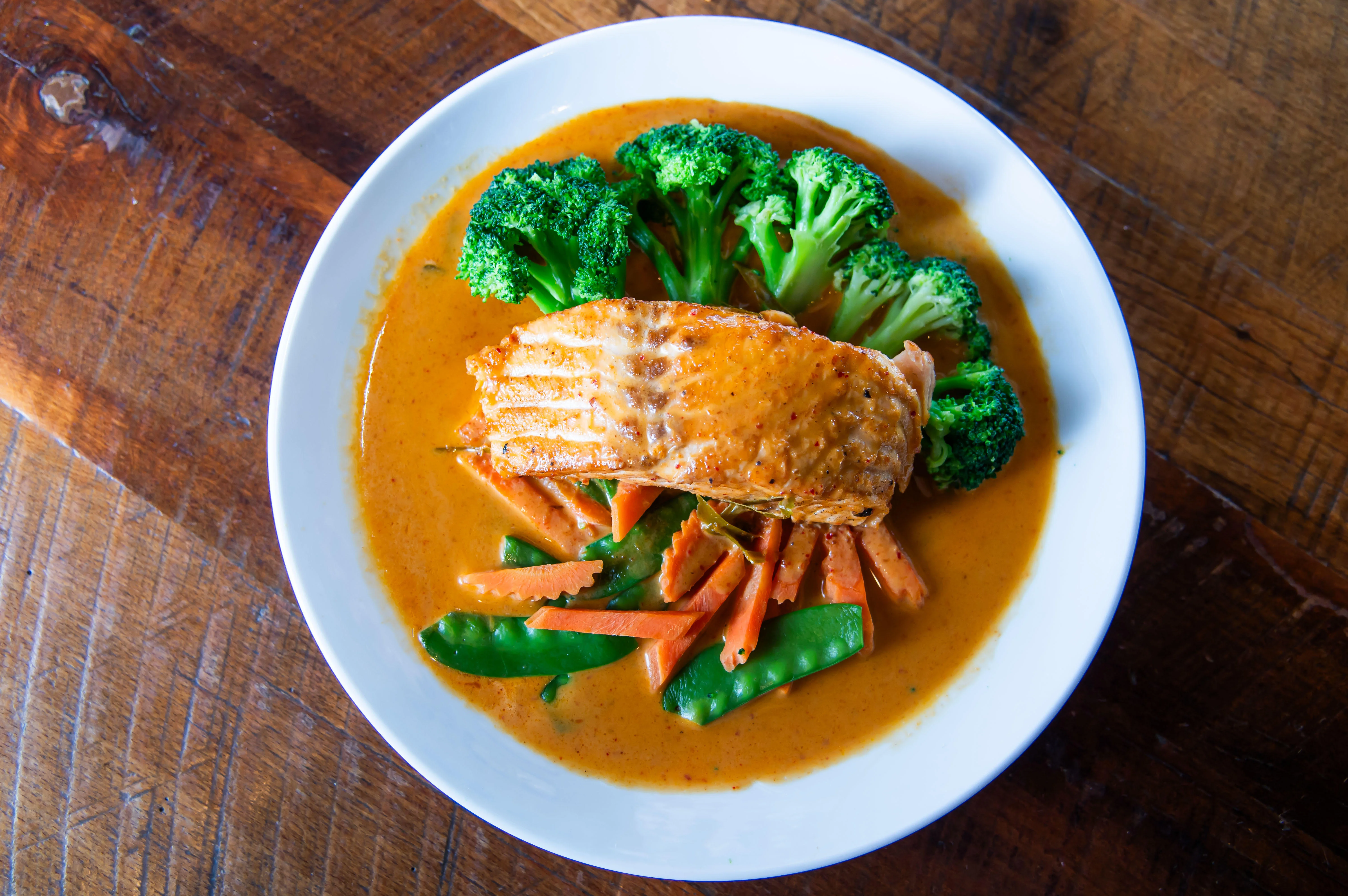 Thai red curry salmon with vegetables