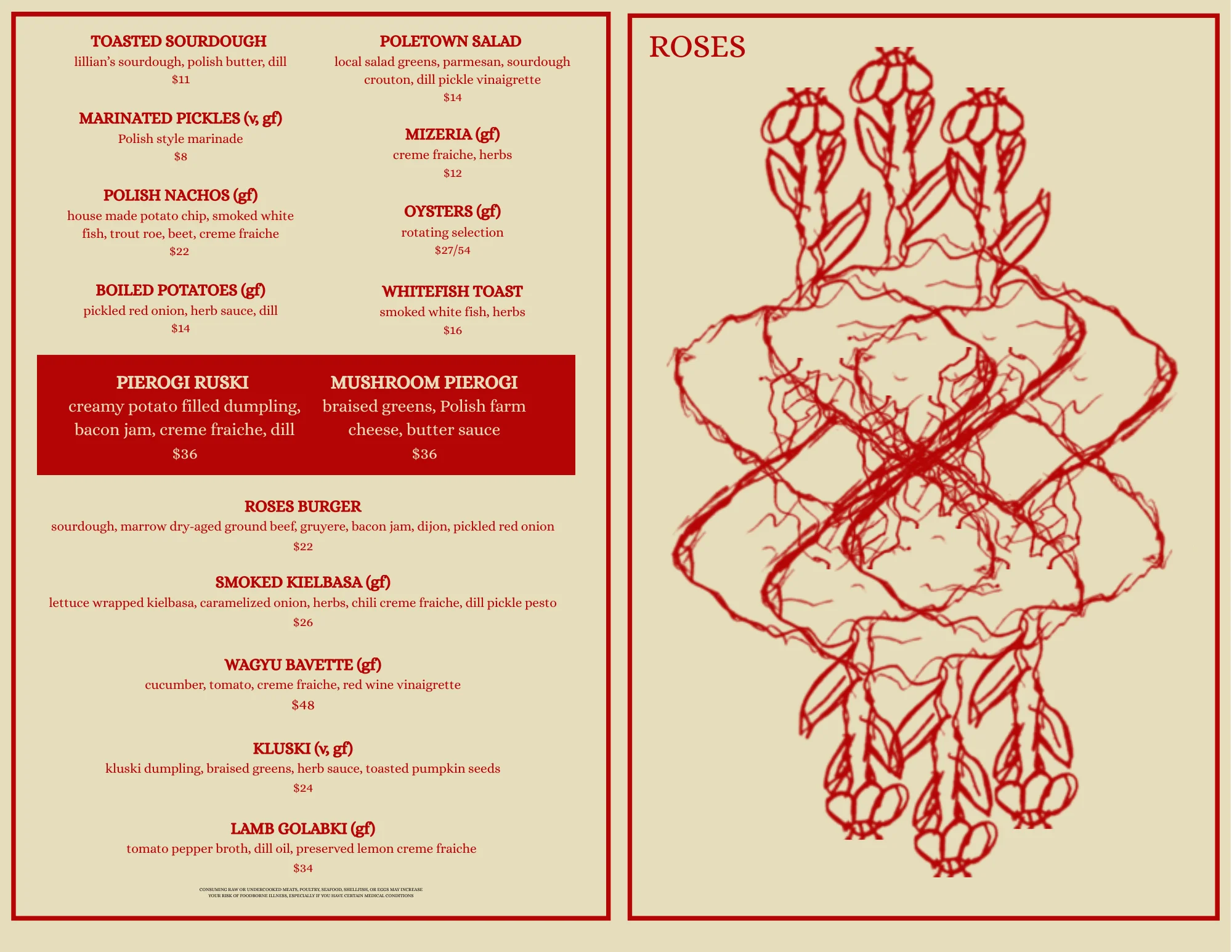 Menu featuring Polish cuisine with various traditional dishes