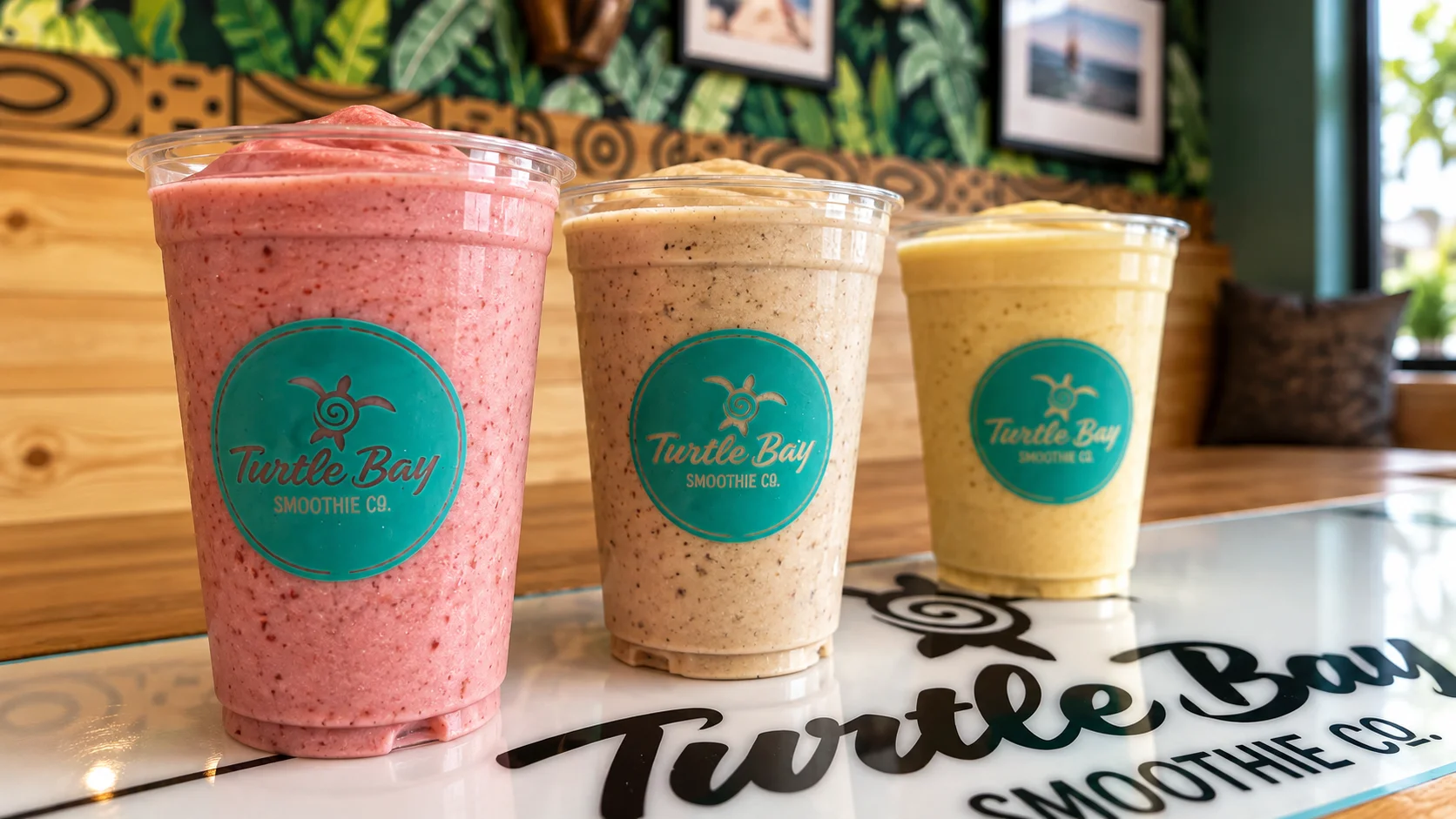 A stylized logo featuring a turtle and the name 'Turtle Bay Smoothie Co.' in artistic lettering.