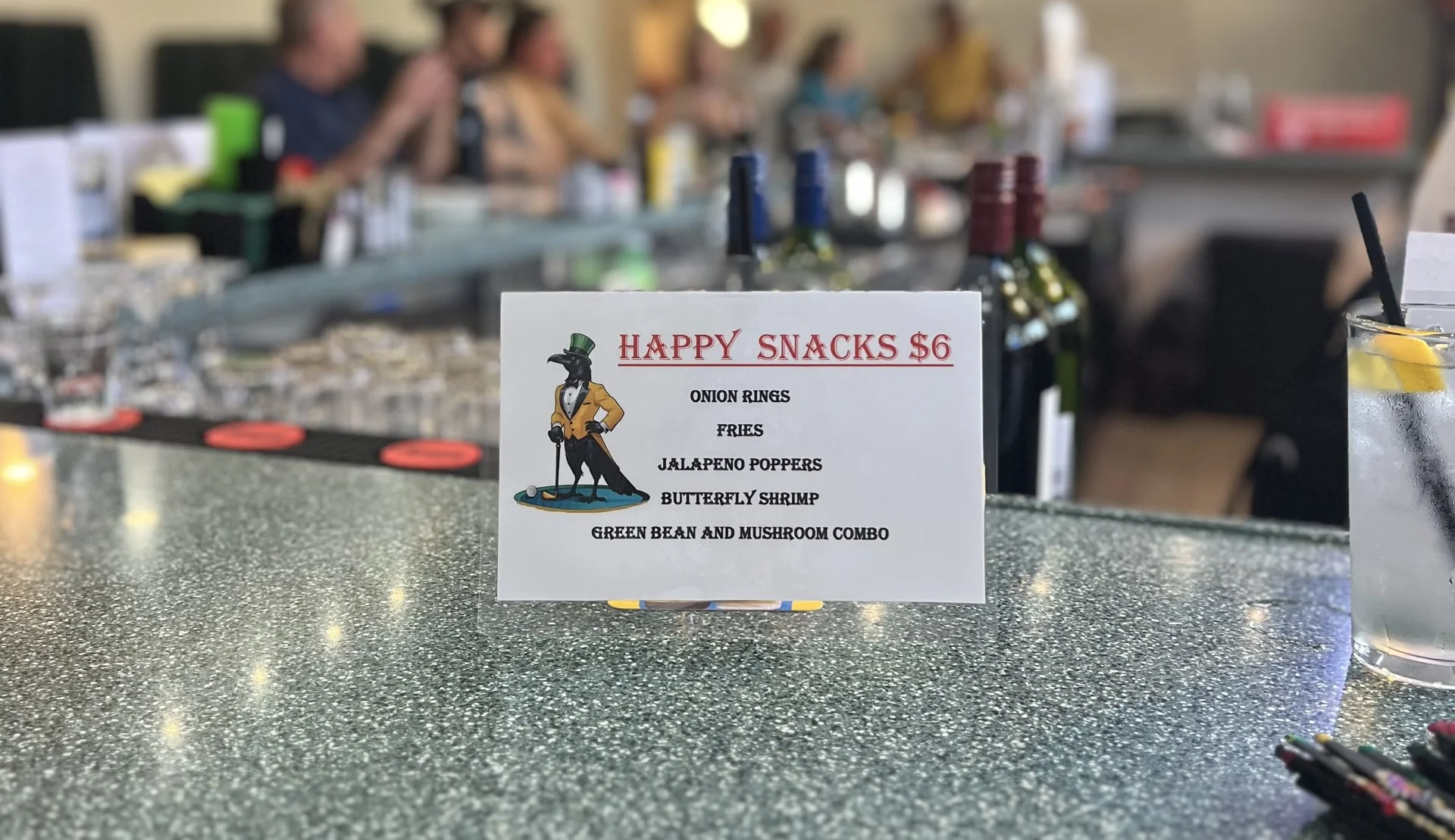 Cozy bar interior with happy hour snack menu