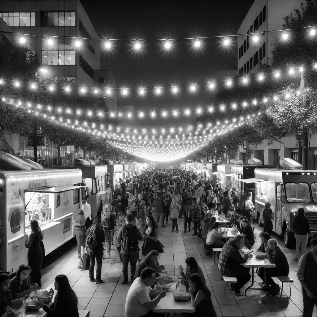 Vibrant food truck gathering at night with string lights