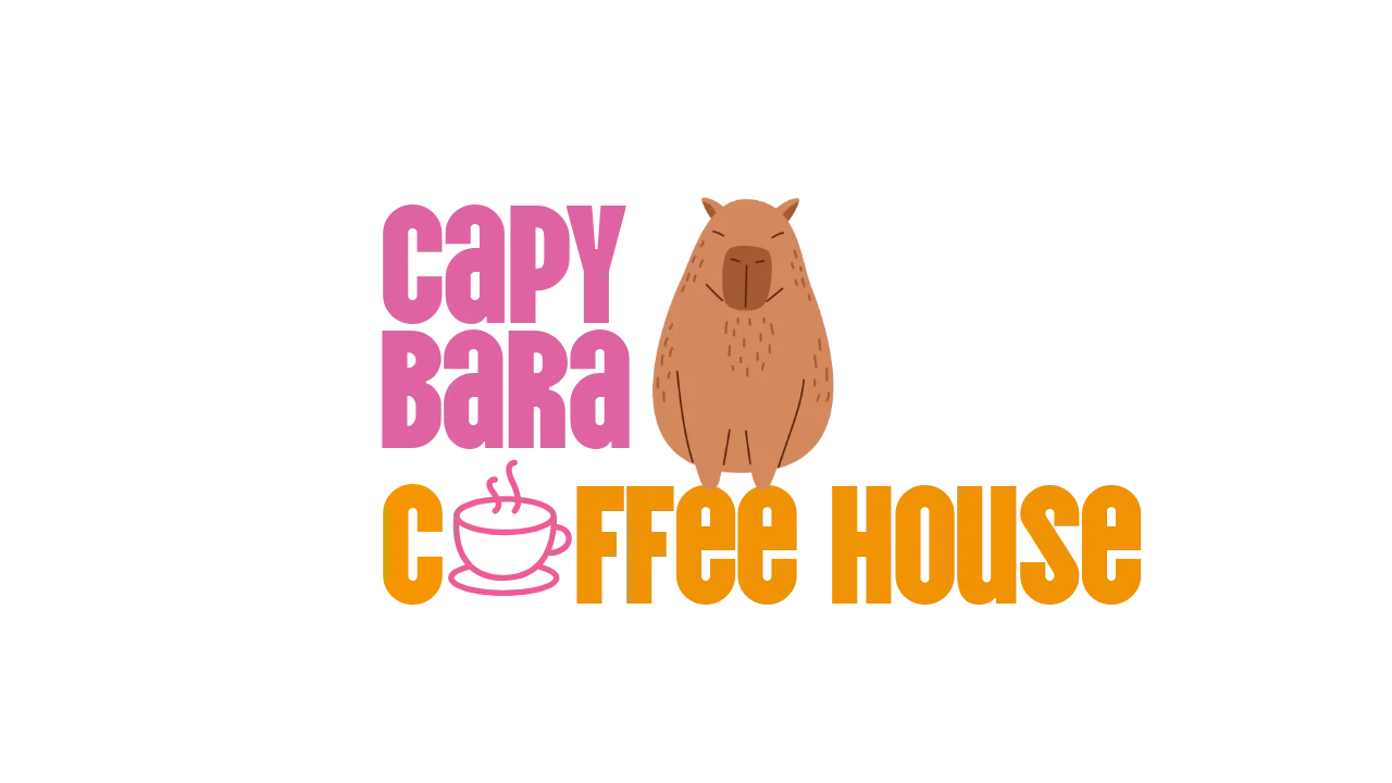 A playful logo for a coffee house featuring a cute capybara and colorful text displaying 'Capybara Coffee House'.
