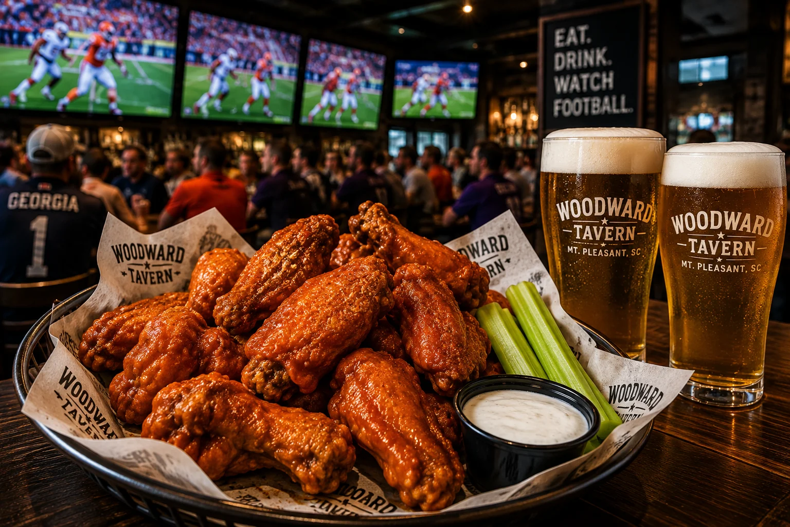 Buffalo wings and cold beer for football game day at Woodward Tavern in Mount Pleasant SC