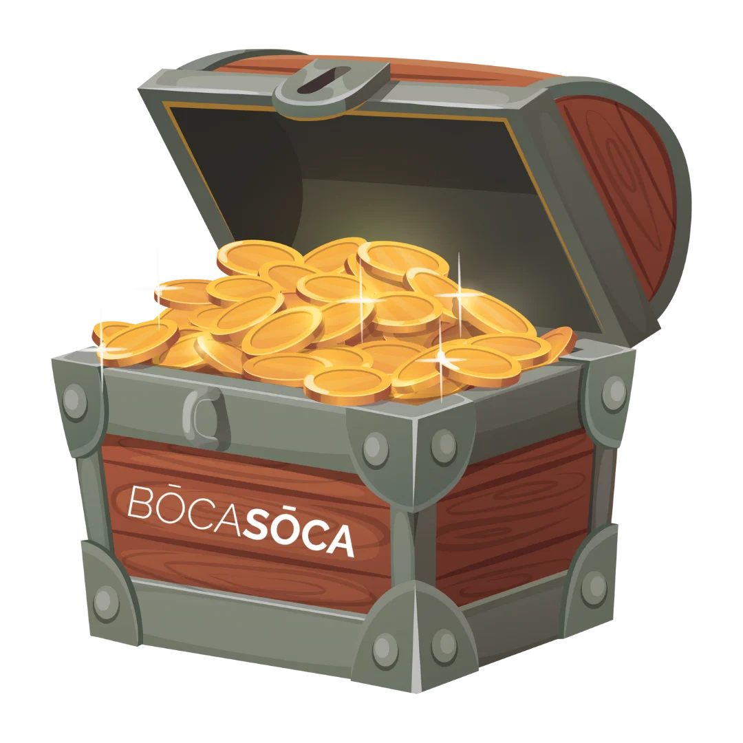 A cartoon illustration of an open, wooden treasure chest with metal fittings, overflowing with sparkling gold coins. The word "BOCASŌCA" is written in white on the front of the chest.