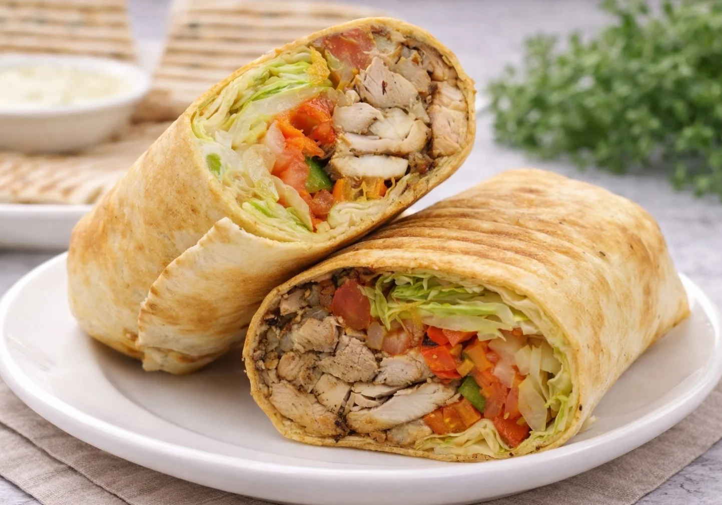 Delicious classic chicken shawarma served with fresh vegetables.