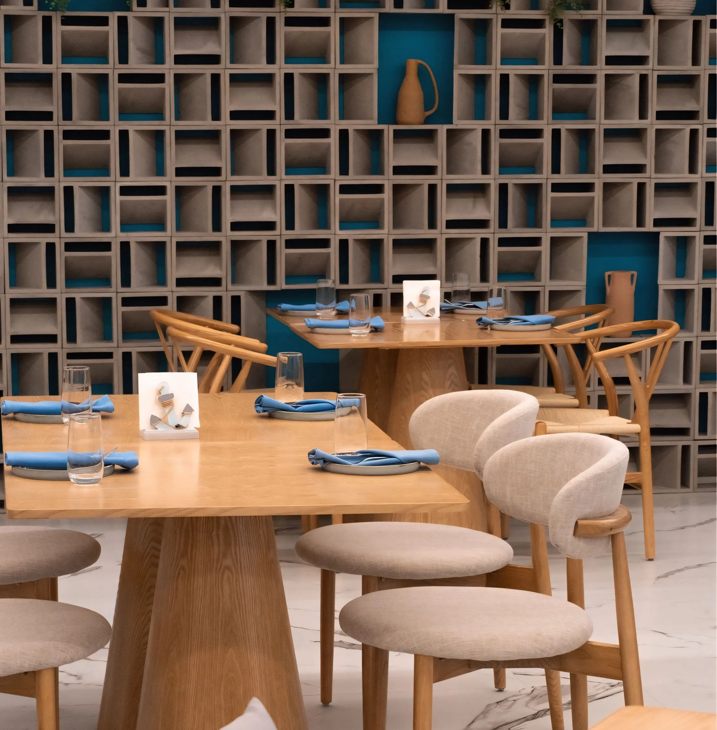 Modern restaurant interior with wooden tables and stylish decor