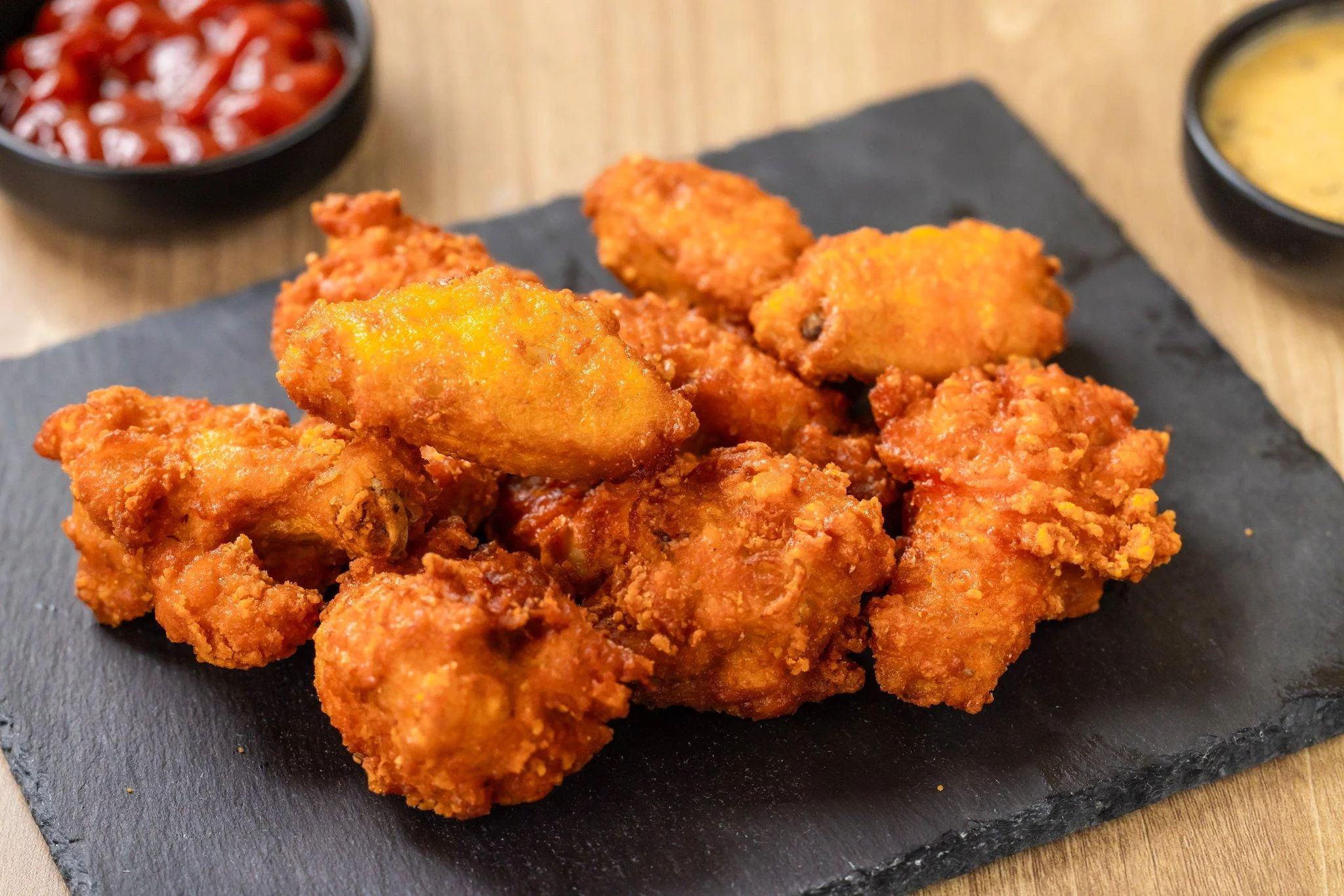 A selection of crispy fried chicken wings arranged on a black slate plate, accompanied by small bowls of ketchup and mustard.