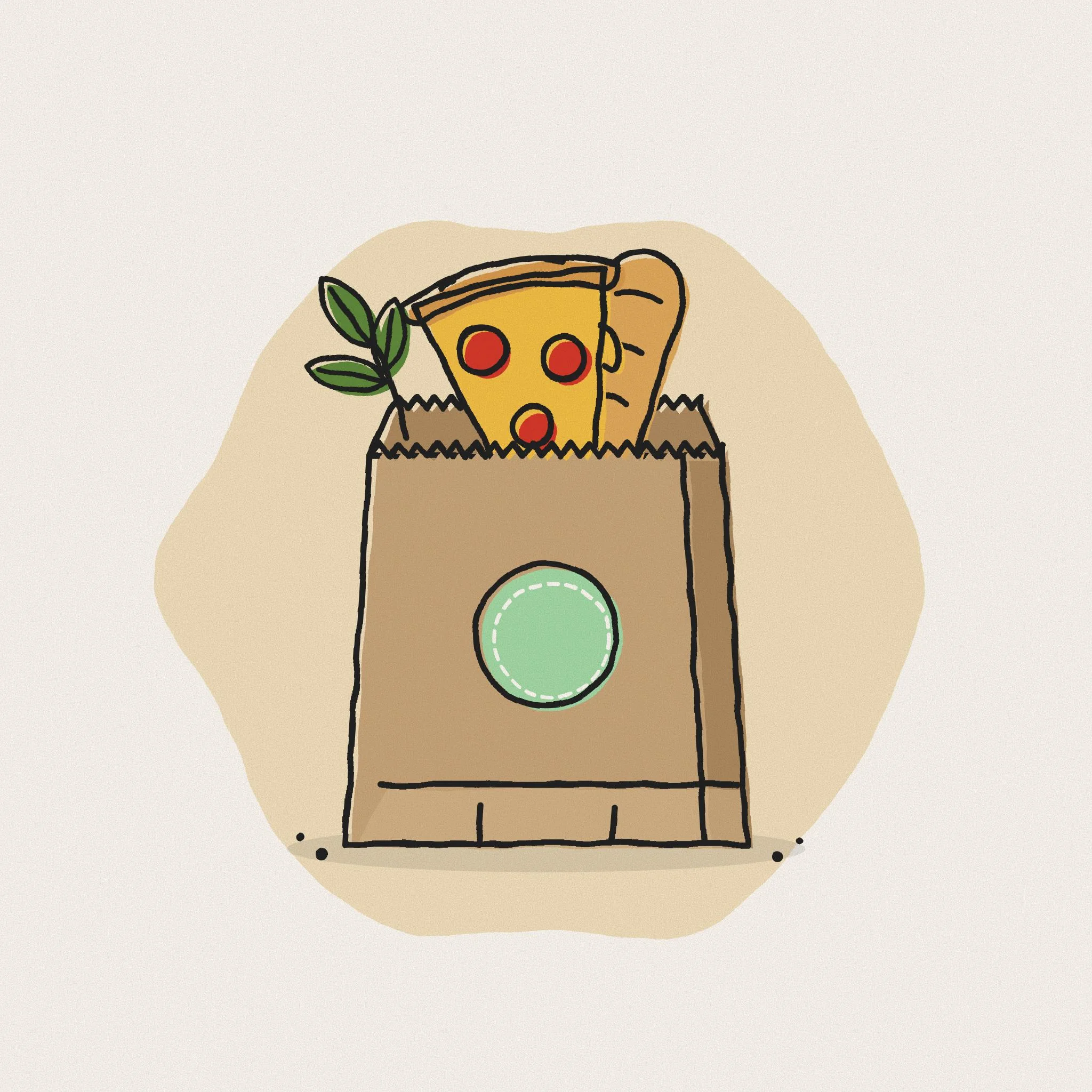 Illustration: a paper bag with a pizza slice, bread and basil peeking out.