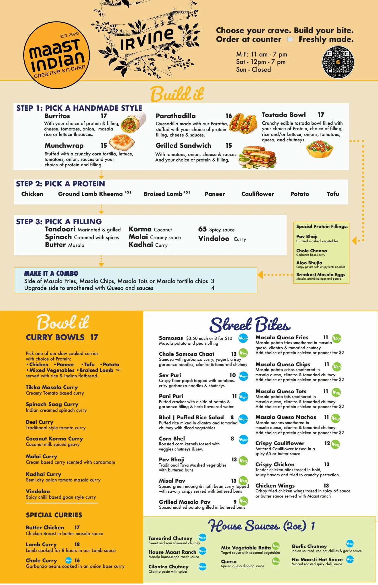 Indian curry menu featuring diverse dishes and build-your-own options