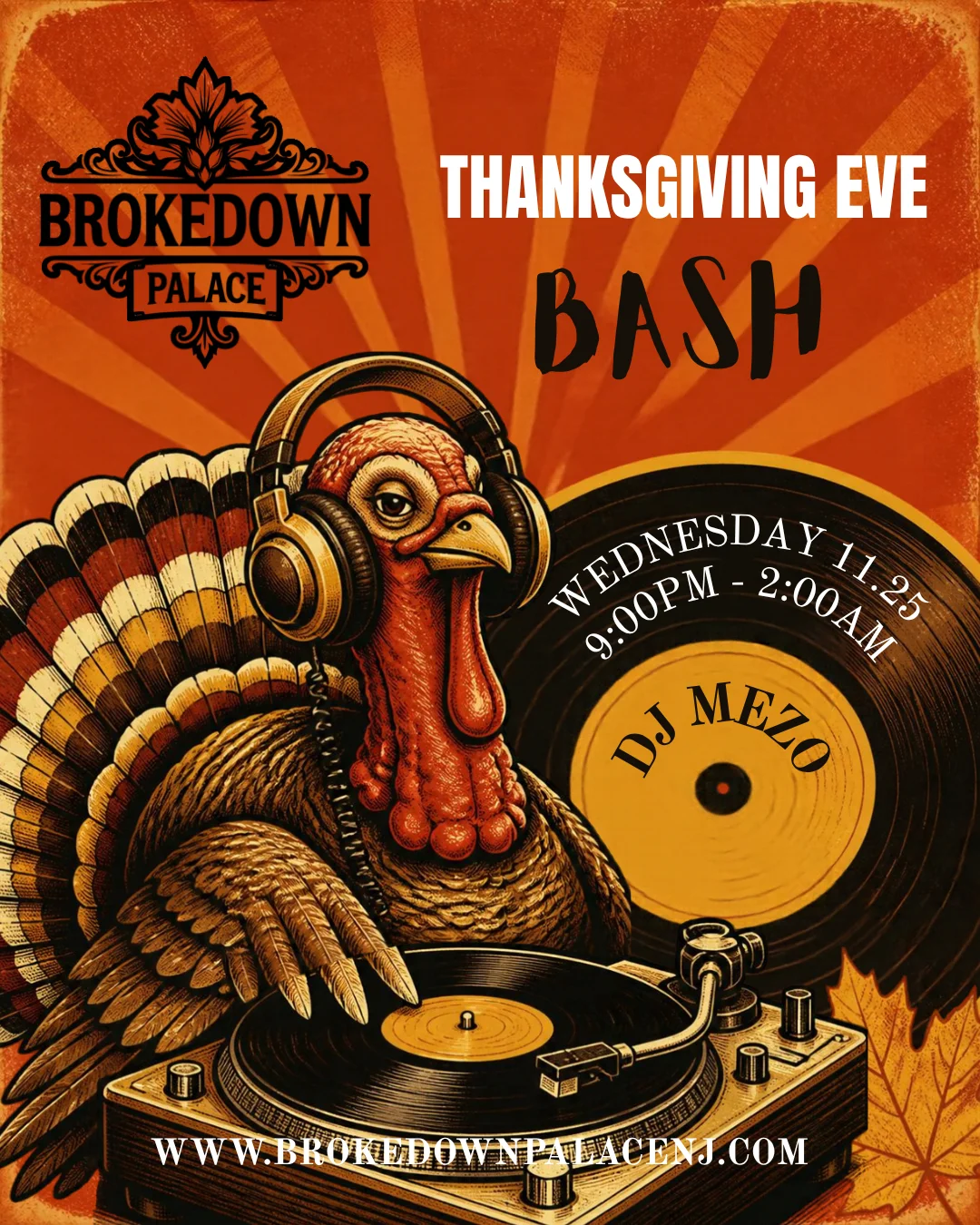 Thanksgiving Eve DJ bash event poster with illustrated turkey and turntable