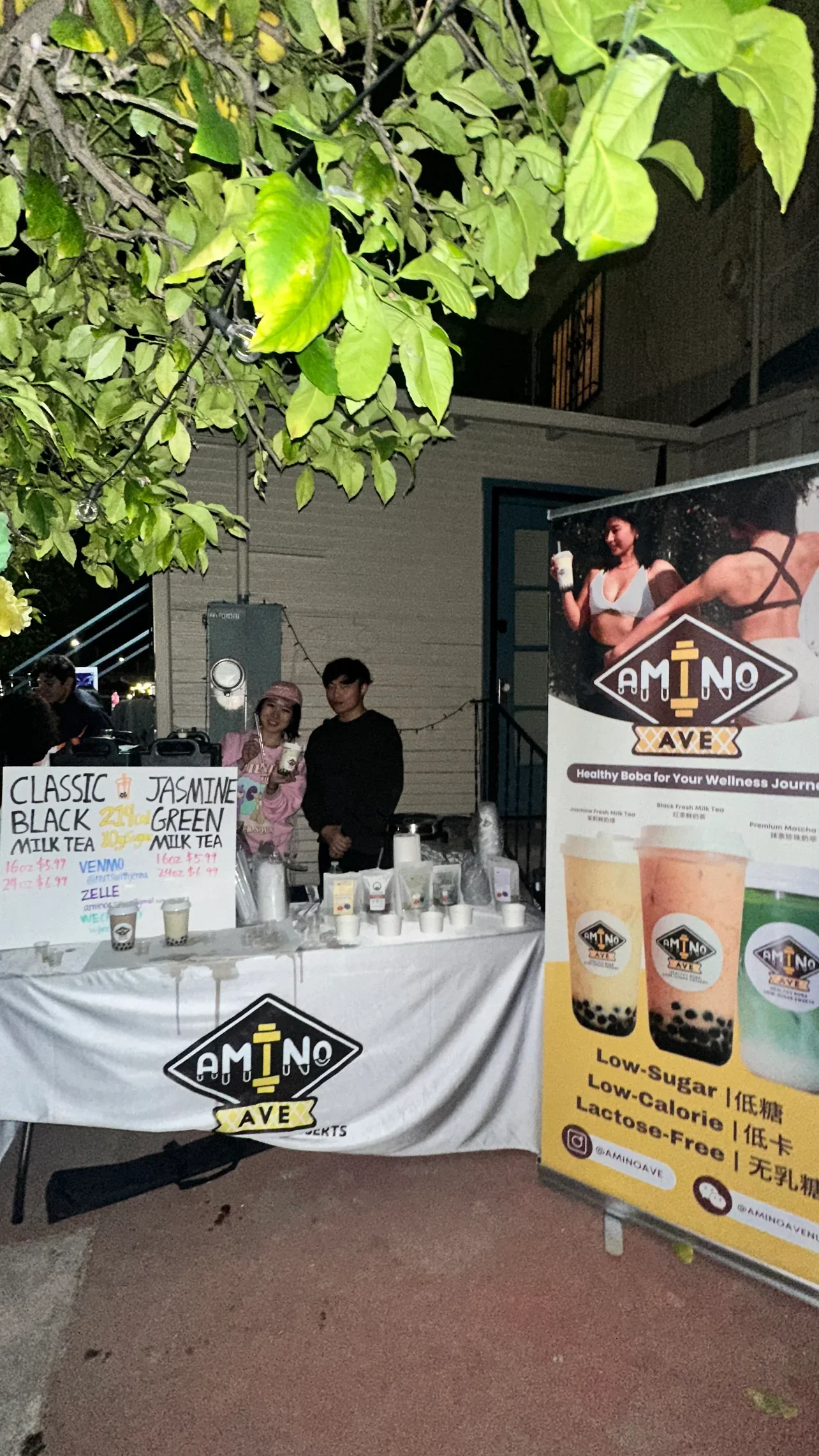 Boba tea stand featuring classic black and jasmine green milk tea