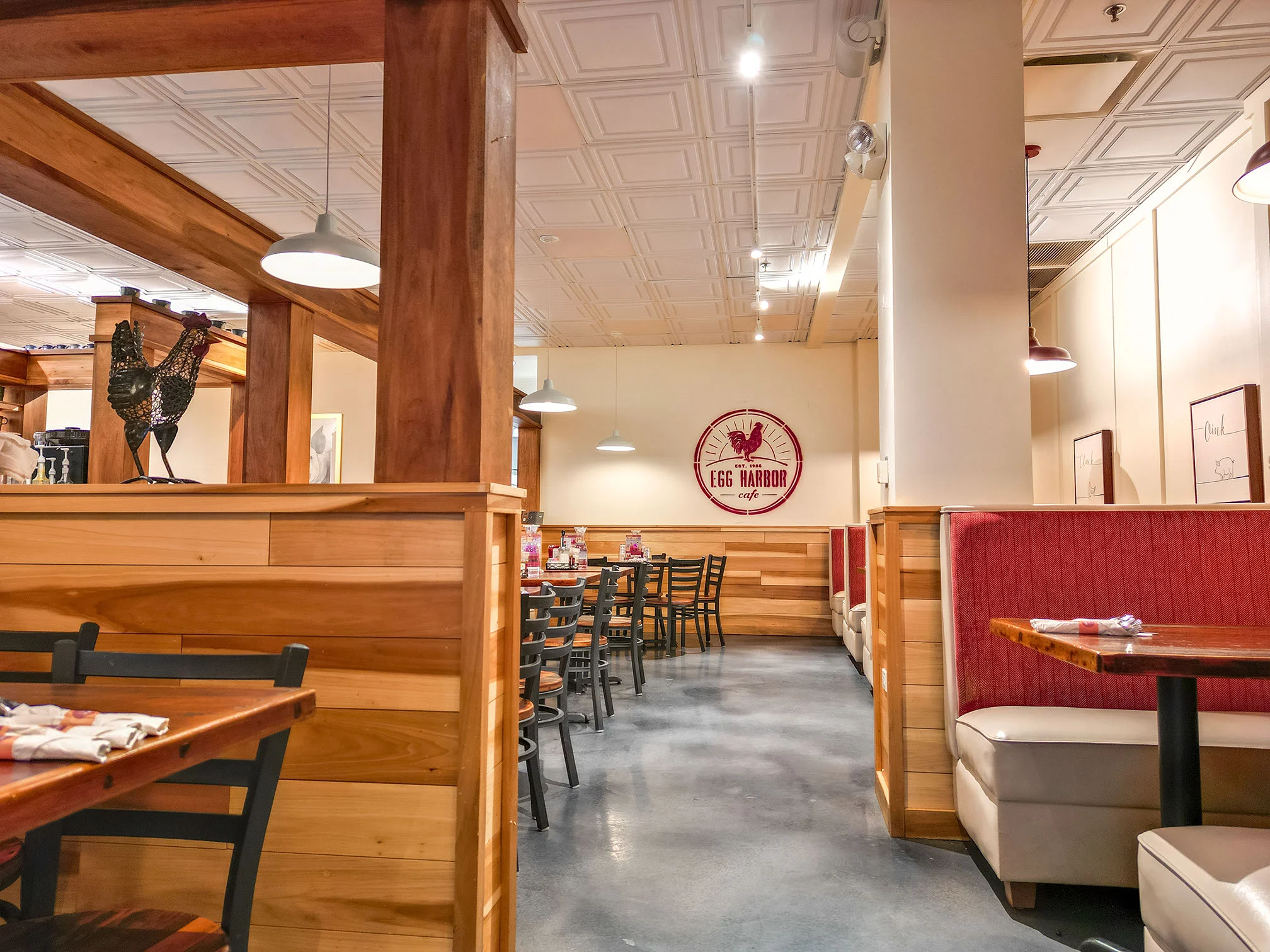 Cozy restaurant interior with wooden accents and warm lighting