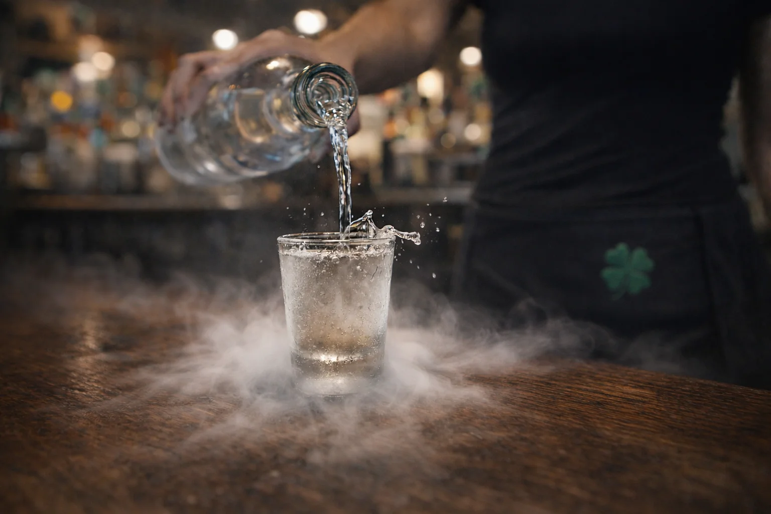 Bartender pouring water into a glass with mist effects