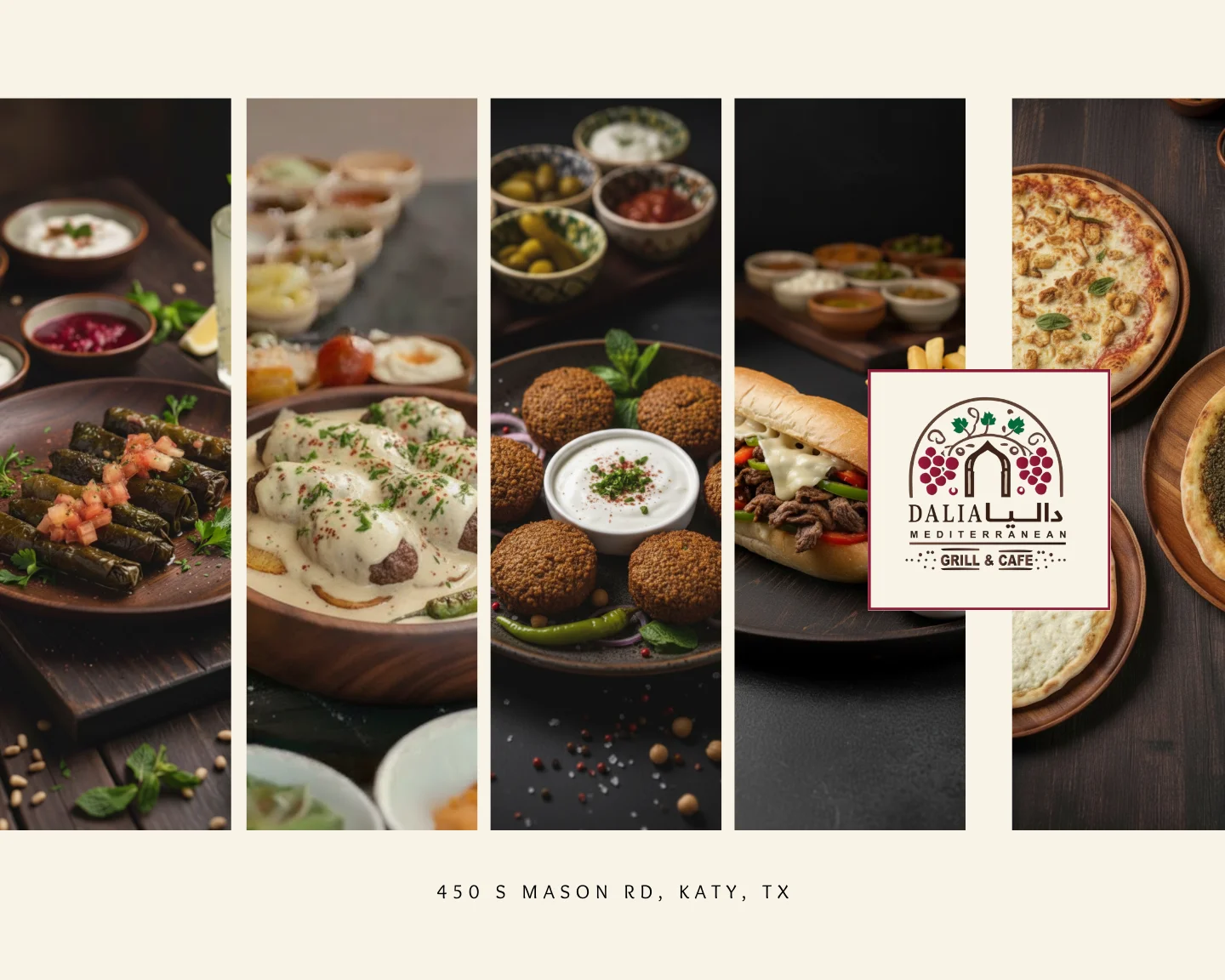 An assortment of Mediterranean dishes including stuffed grape leaves, a meat platter, falafel, and a sub sandwich, all presented on wooden plates.
