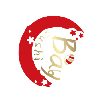 Logo of Bay Sushi featuring a crescent moon and cherry blossoms