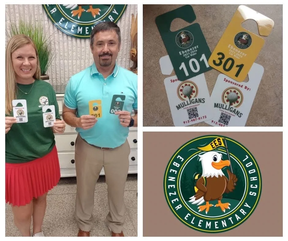Ebenezer Elementary School staff with event tags and logo