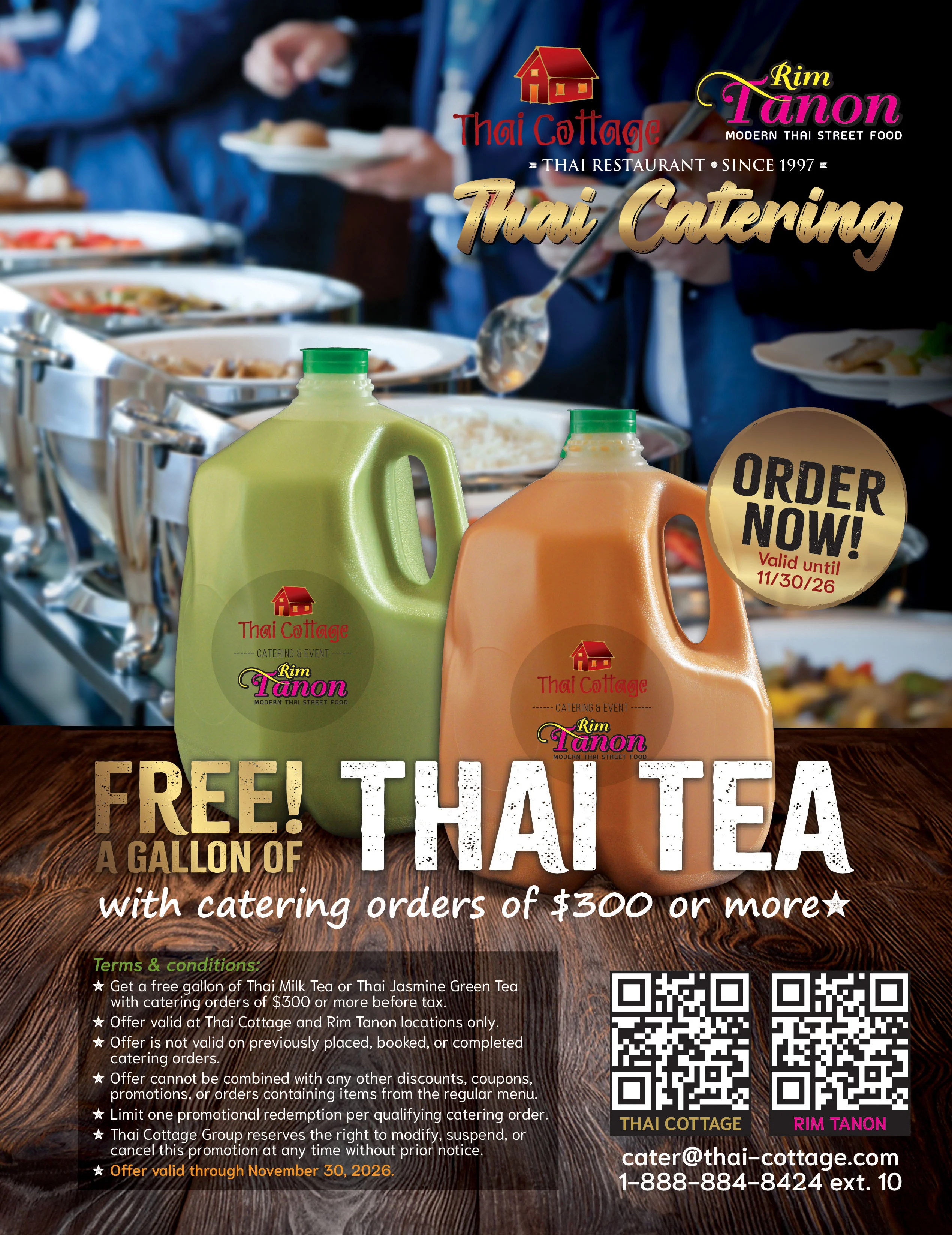 Catering display featuring Thai tea and assorted dishes at a restaurant event