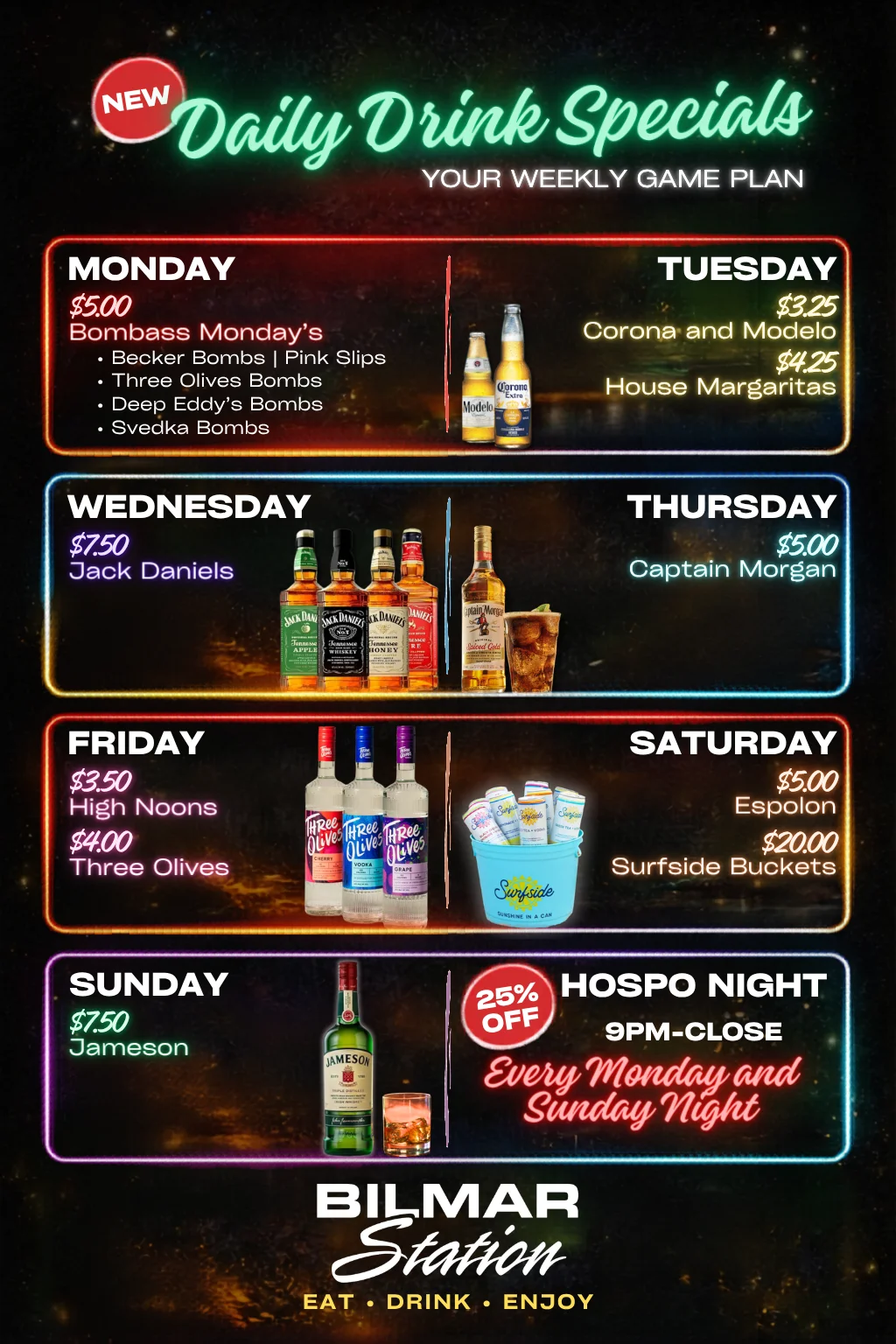 Daily drink specials menu at Bilmar Station with prices and offerings.