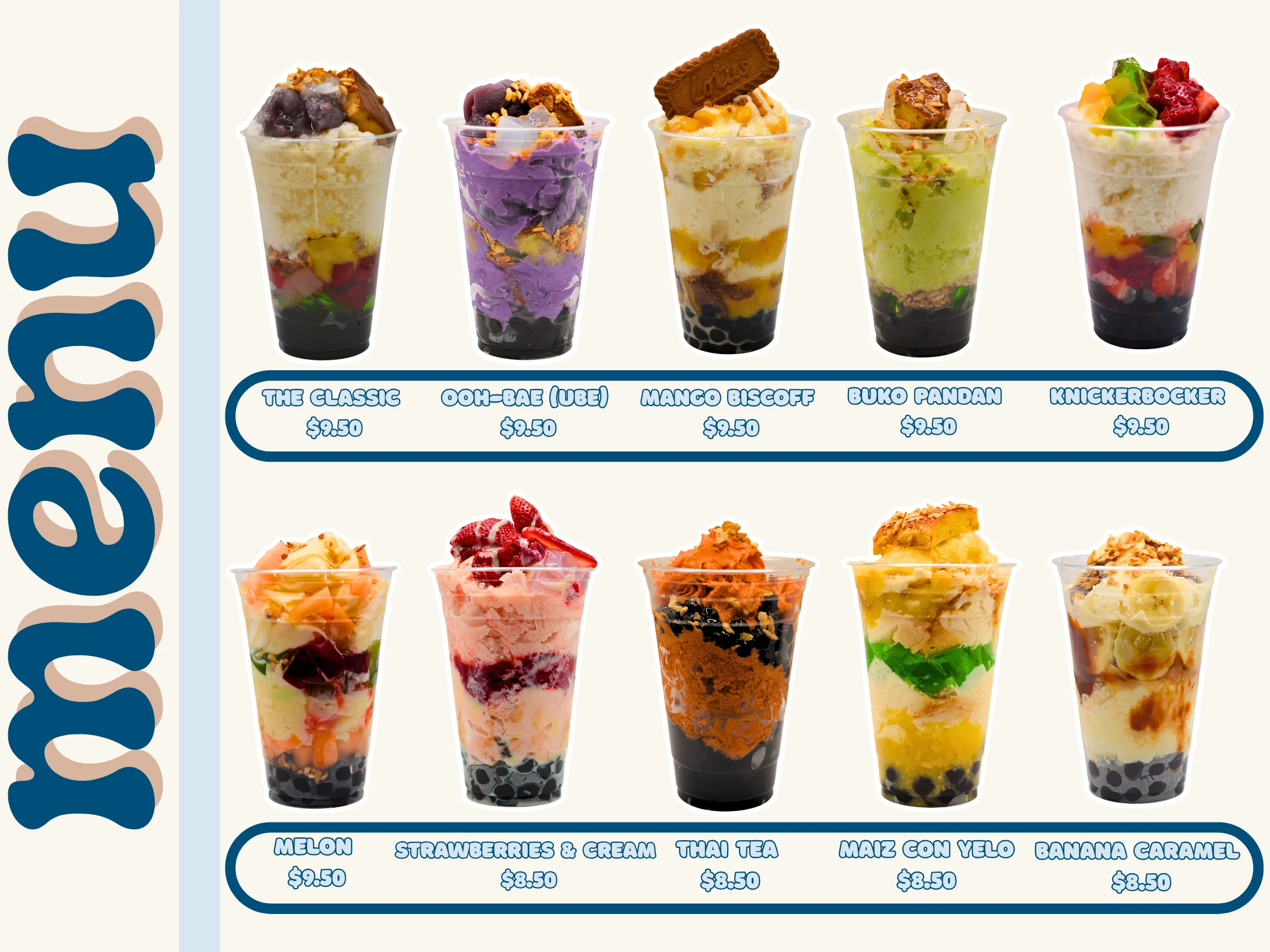 Restaurant menu showcasing a variety of dishes and beverages.