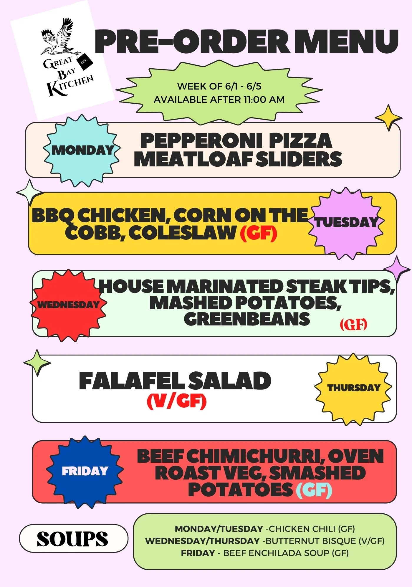 Colorful restaurant menu flyer showcasing various dishes and drinks.