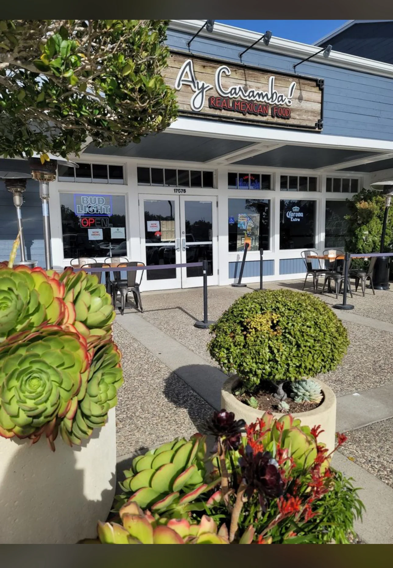 Exterior view of Ay Caramba! Mexican restaurant with vibrant decor