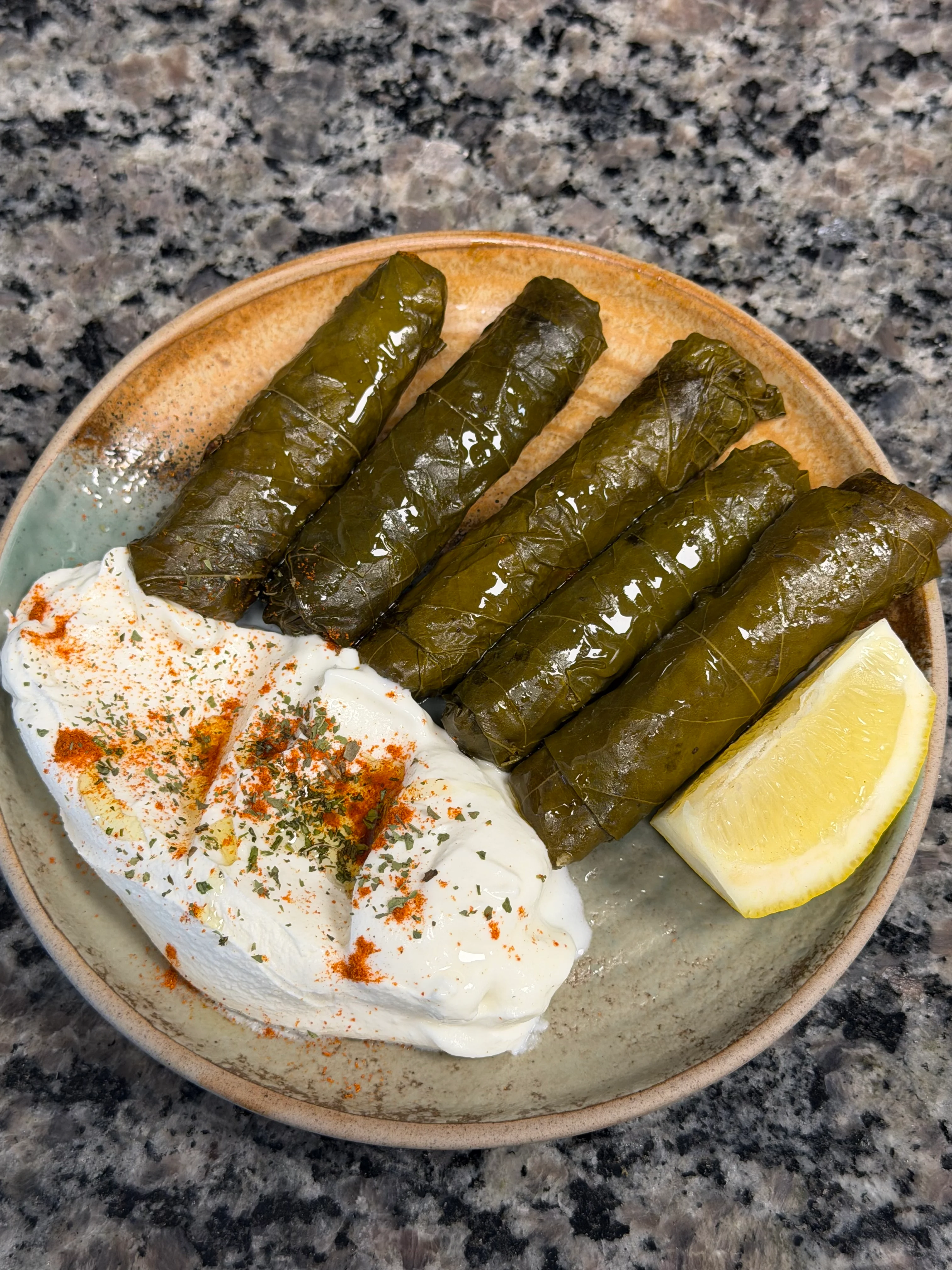 Stuffed grape leaves with yogurt and lemon, a Mediterranean delicacy